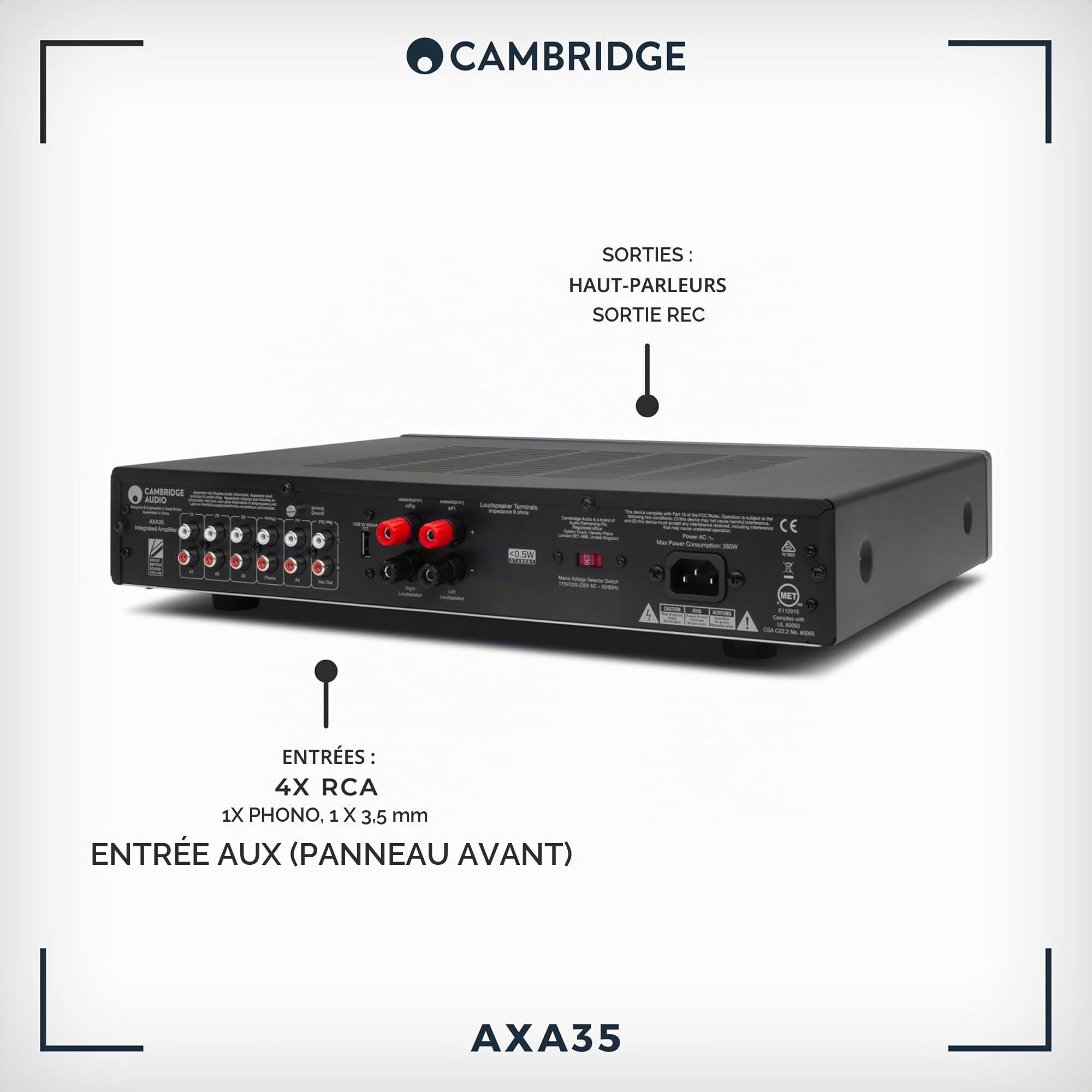 Cambridge Audio AXA35 – Amplificateur stéréo intégré, ampli HiFi 35 watts avec préampli phono intégré, entrée Aux frontale & prise casque – Lunar Grey