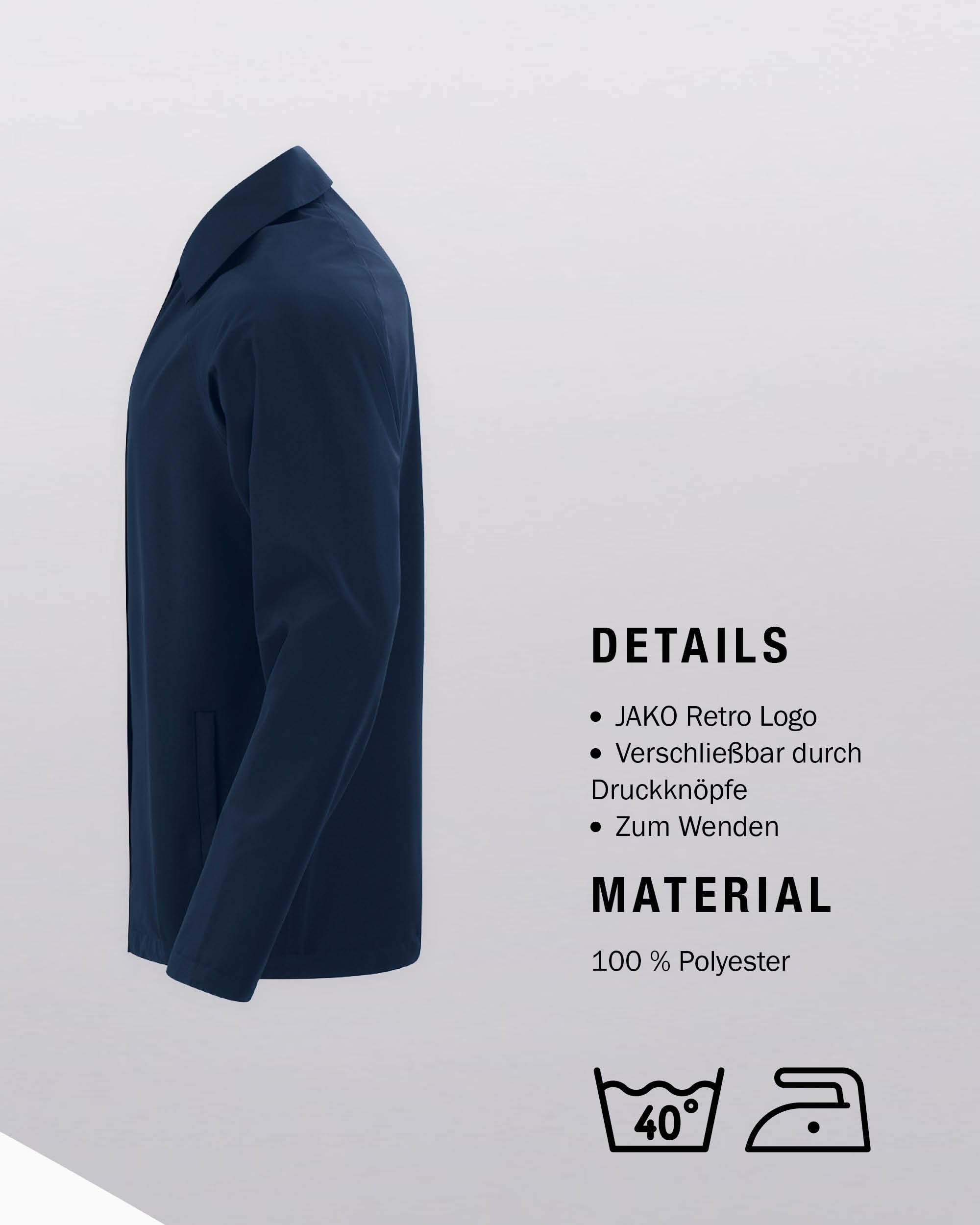 JAKO Wardrobe Coach Wendejacke Herren & Damen – Dein vielseitiger Retro-Look für Sport und Freizeit, Coachjacke mit Regen- und Windschutz