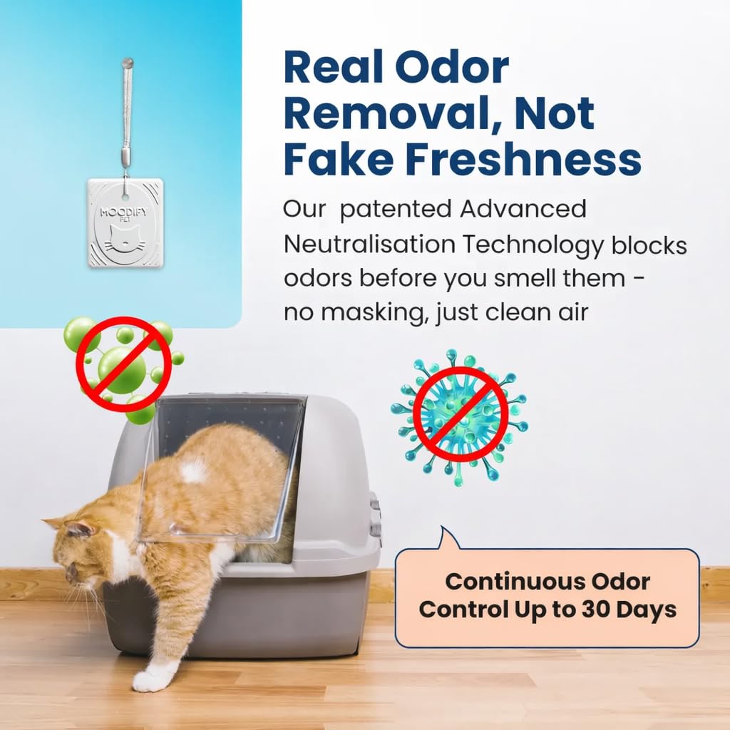 MoodifyPet Lot de 4 éliminateurs d'odeurs de litière pour chat pour la maison, absorbeur d'odeurs à suspendre avec technologie brevetée ScentScreen - Éliminateur de parfum pour chat, dure jusqu'à 30