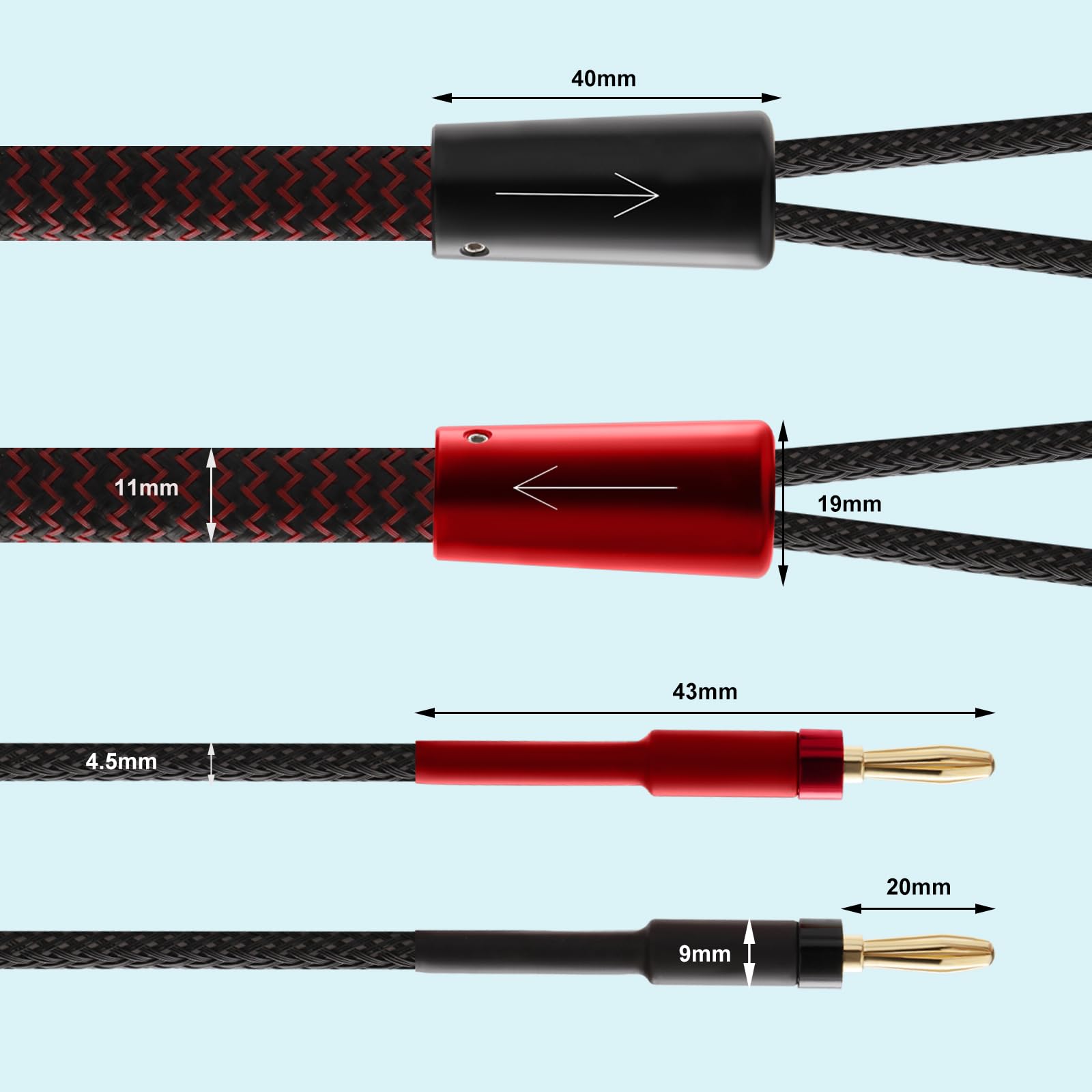 Cable de altavoz de 13 AWG, conector banana de alta gama, cable de alimentación Hi-Fi, cable de cobre blindado trenzado para altavoces OFC con anillos magnéticos para audio, cine en casa