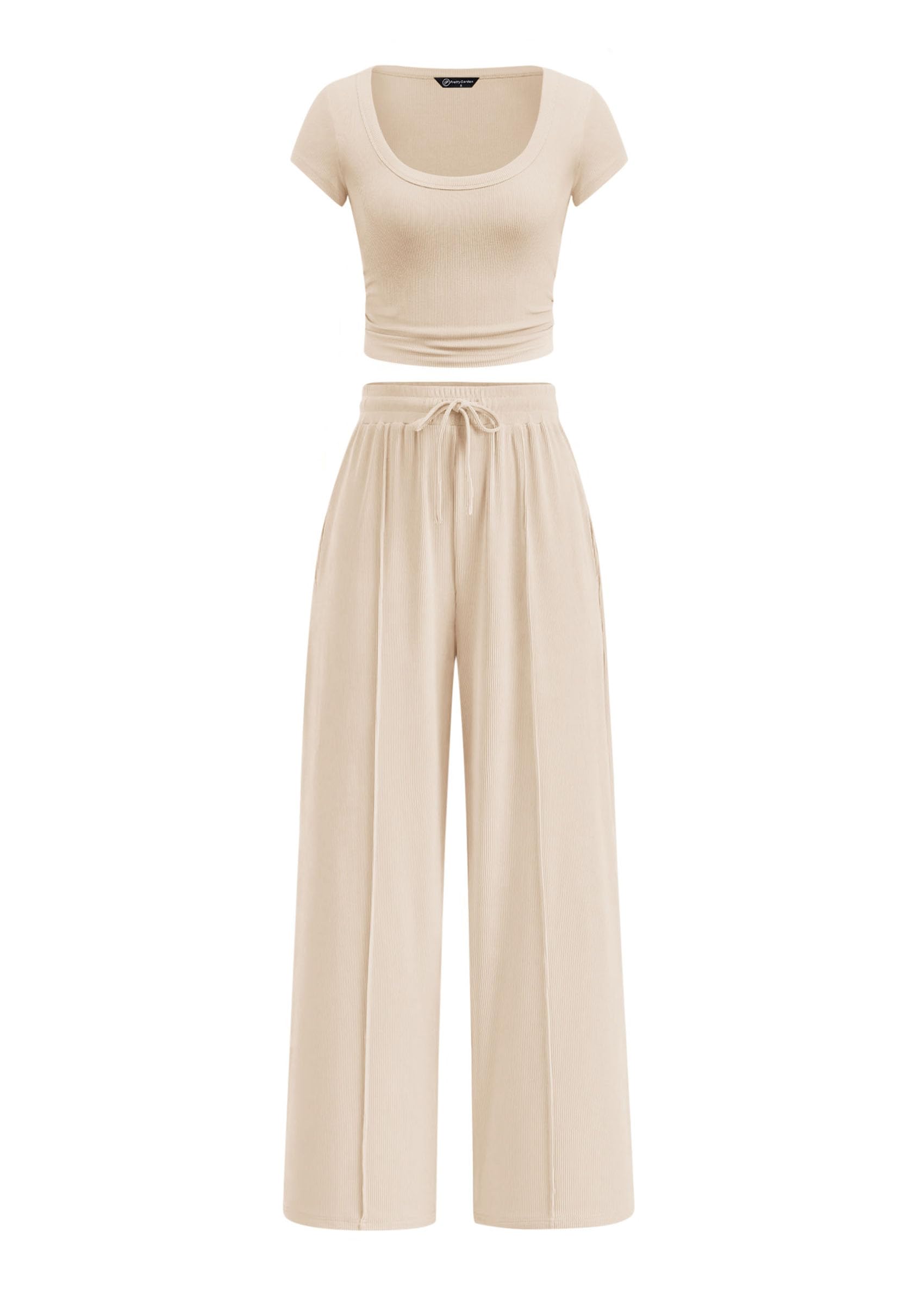 prettygarden Women's Summer 2 Piece Matching Lounge Sets Short Sleeve Crop Tops Wide Leg Pants 2026 Airport Travel Outfits-picture-35