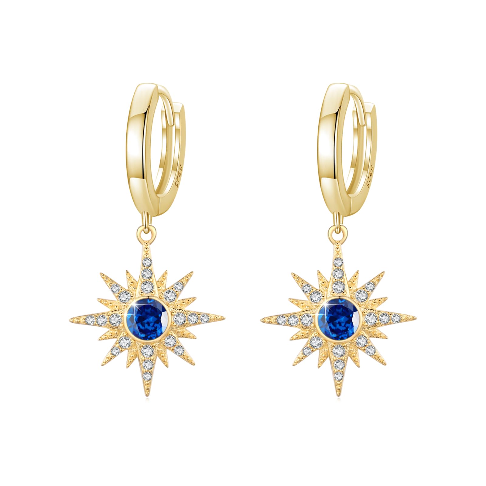 REDSUN Pendientes de estrella para mujer, plata de ley 925, pendientes de aro con circonita azul marino, piedras de nacimiento de septiembre, joyas para hija, mujer, novia