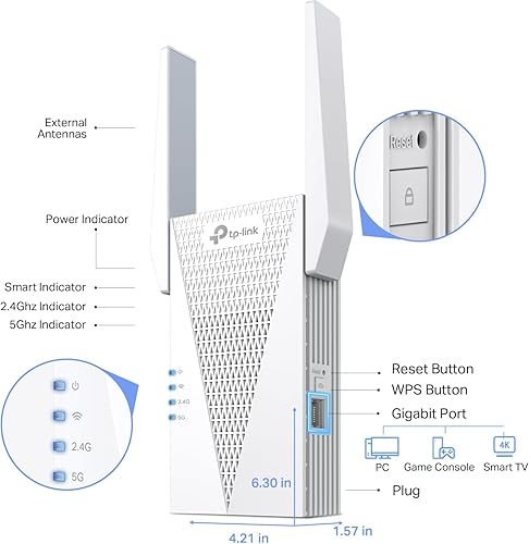Miniatura 2 de TP-Link RE615X AX1800 Extensor de alcance WiFi 6 con puerto Ethernet  Amplificador repetidor inalámbrico de doble banda de 1.8G  Hasta 2100 pies