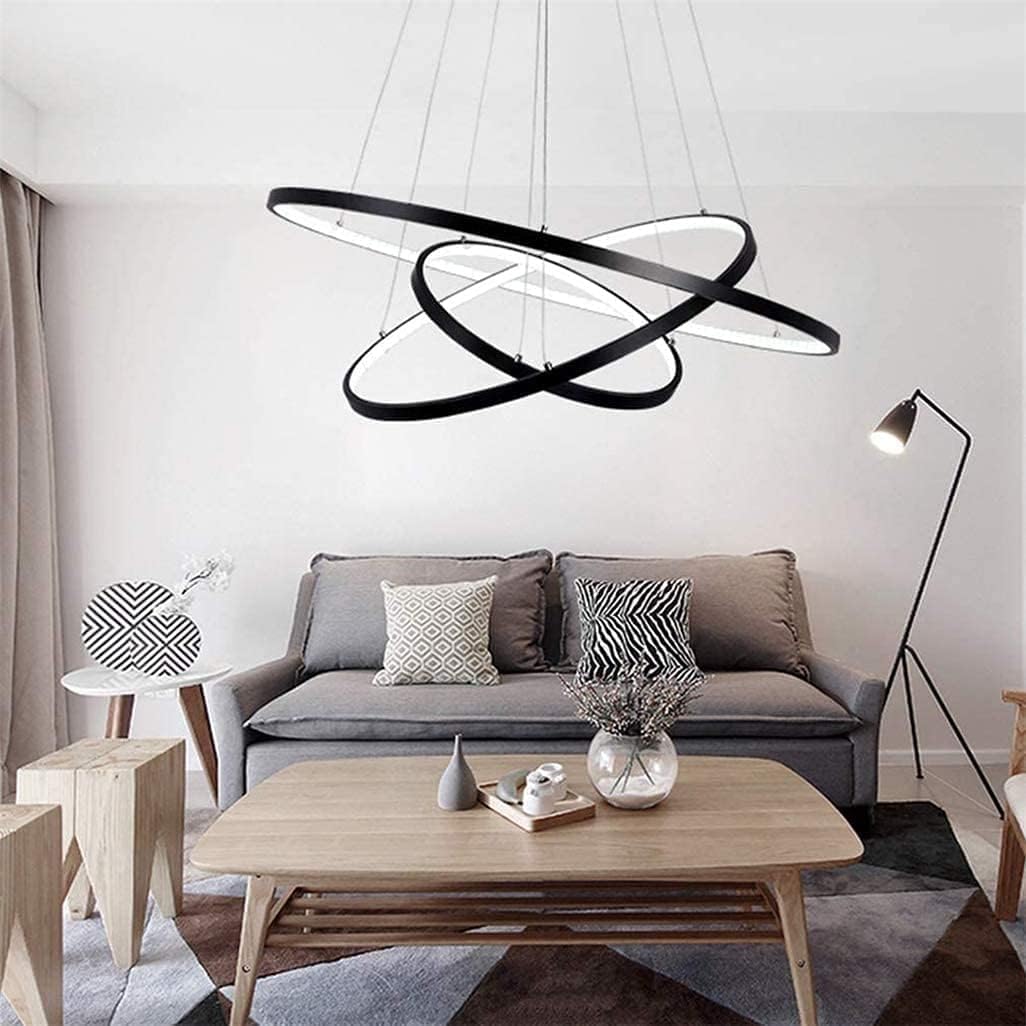 Lampadario a LED Soggiorno Lampada da soffitto Creativo Rotondo a 3 Anelli lampadario, dimmerabile con Telecomando 3000K-6500K, lampade da Camera acriliche Decorazione Ufficio 76w,Nero
