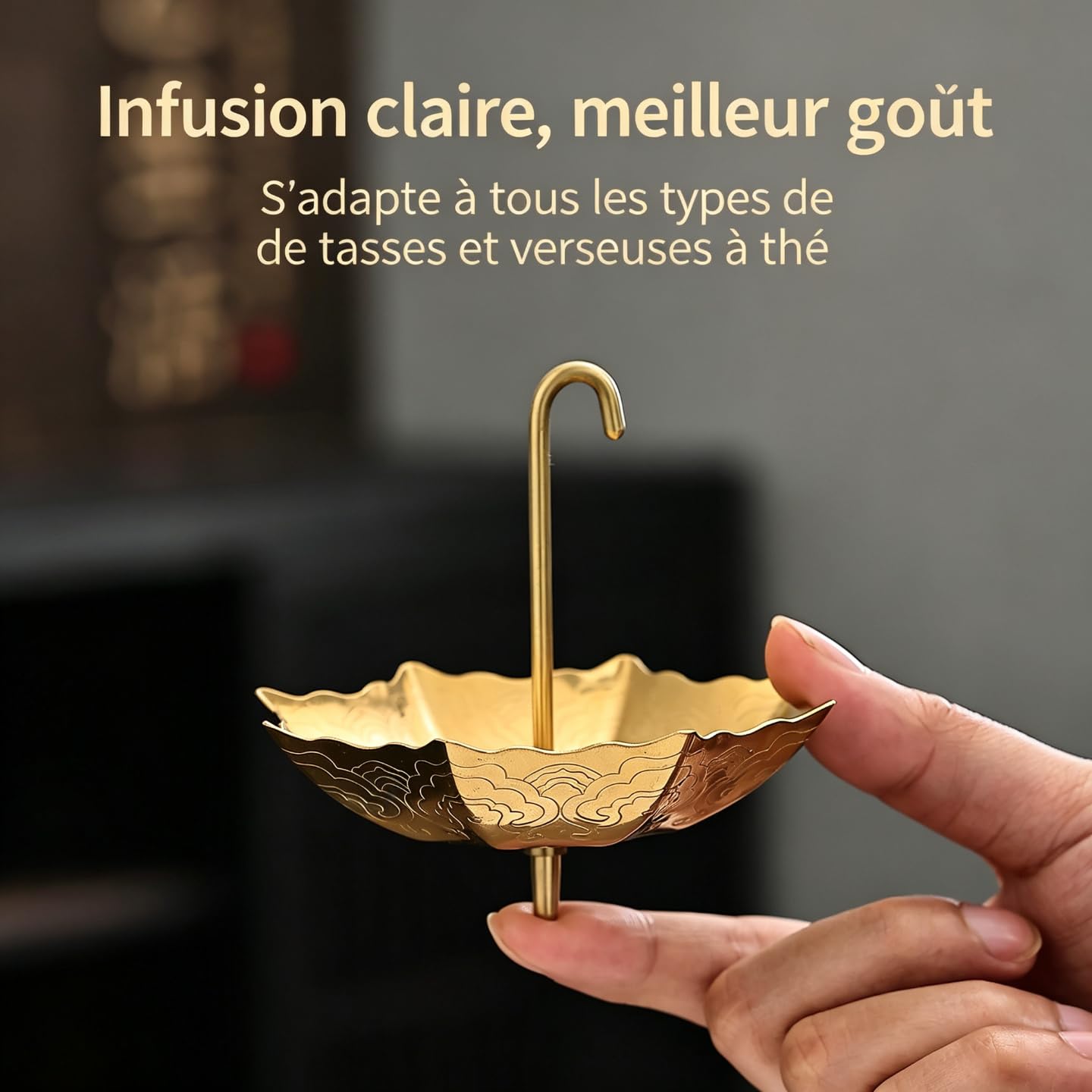 Accesorio de filtración de té en forma de paraguas - Pasapapero de té de acero inoxidable 304 con asas aislantes - Apto para tazas, teteras y escritorios - Modelo dorado ([oro] + soporte)