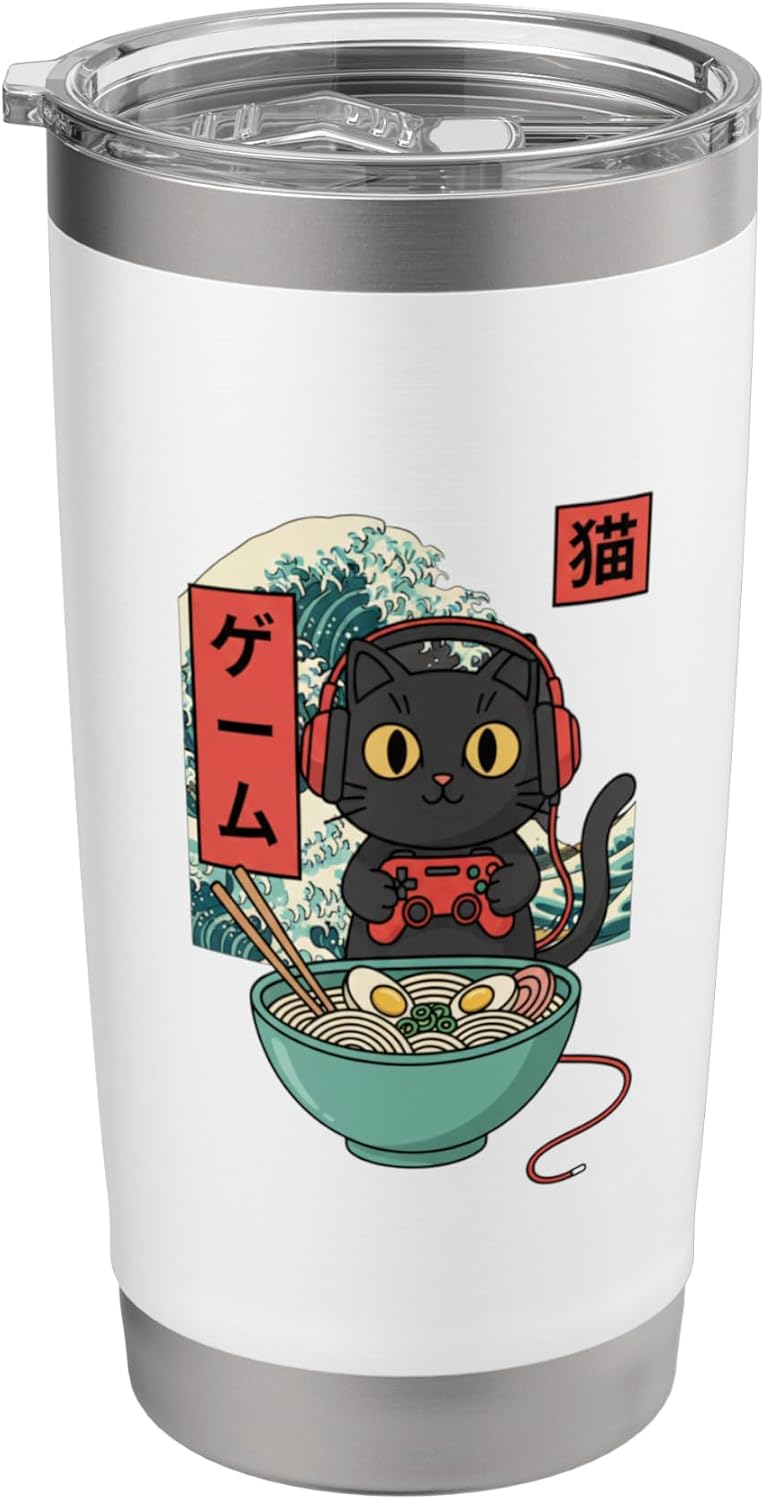 Gaming Cat Japanese Ramen Gamer Kanji Anime Controller Stainless Steel Insulated Tumbler