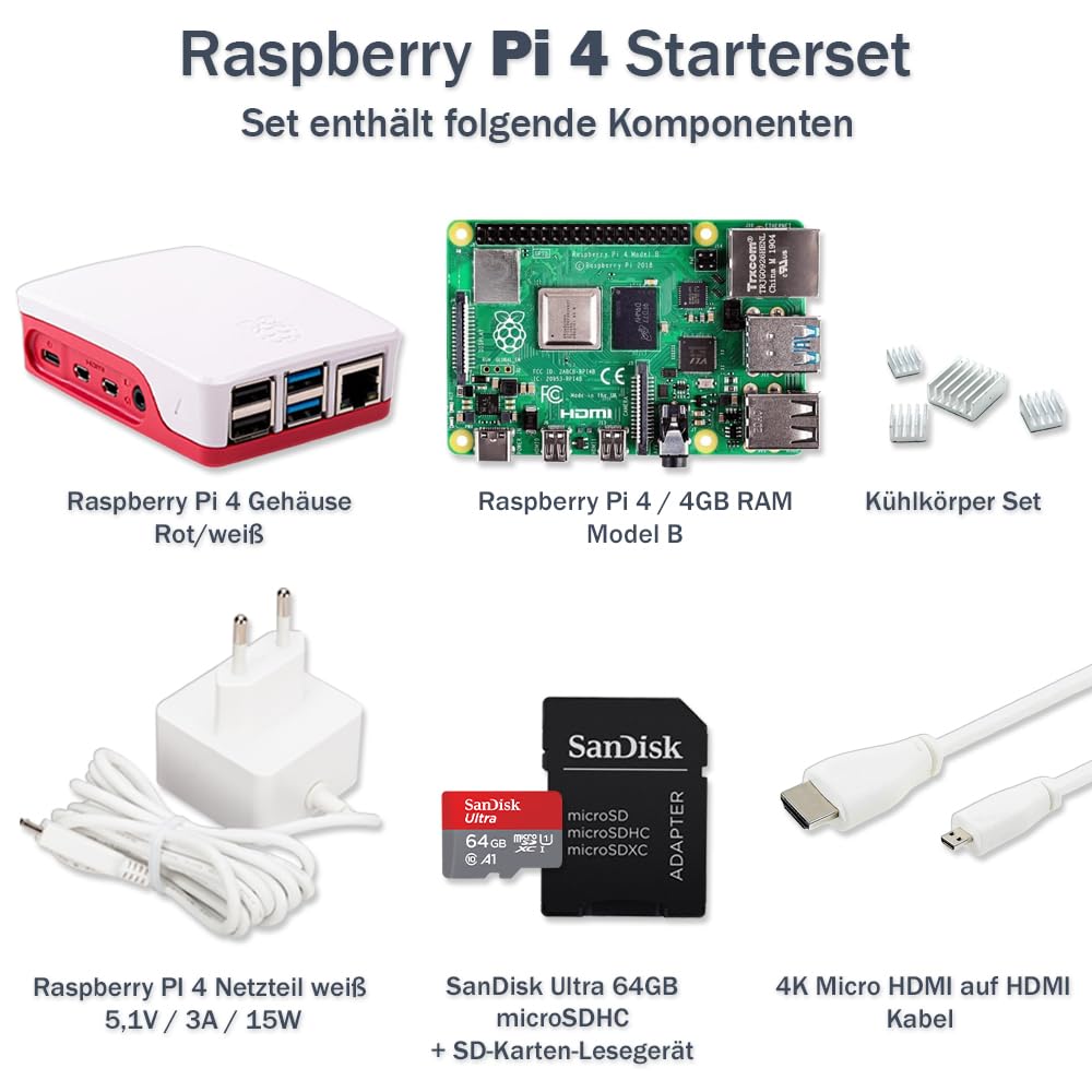 Raspberry Pi 4 4 GB / 8 GB Starter Kit | 64 GB SD tarjeta | Fuente de alimentación USB-C de 15 W | Carcasa | Cable Micro HDMI 4K | Juego de disipador de calor (4 GB de RAM)