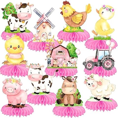 11Pcs Pink Farm Animals Honeycomb Centerpieces Farm Theme Party Table Centerpieces Barnyard Party Honeycomb Decorations Farm Birthday Party Table Decorations for Farm Theme Baby Shower Supplies Cover