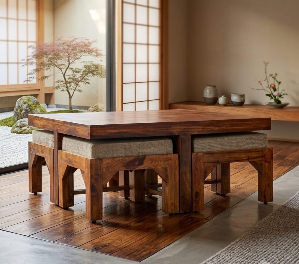 Sheesham Wood Coffee Table with 4 Cushioned Stools, Teak Finish | Living Room Furniture, 4 Stools Included, Provincial Teak Finish, Solid Wood Build, Space-Saving Design-picture-17