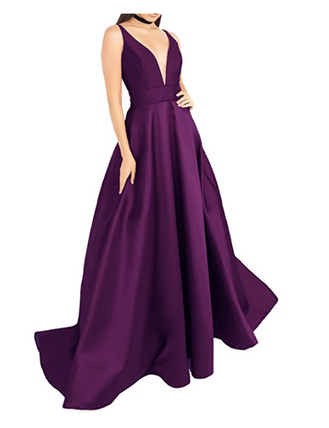 Vestido largo de graduación con bolsillos de satén con cuello en V profundo con inserto transparente sin espalda E158