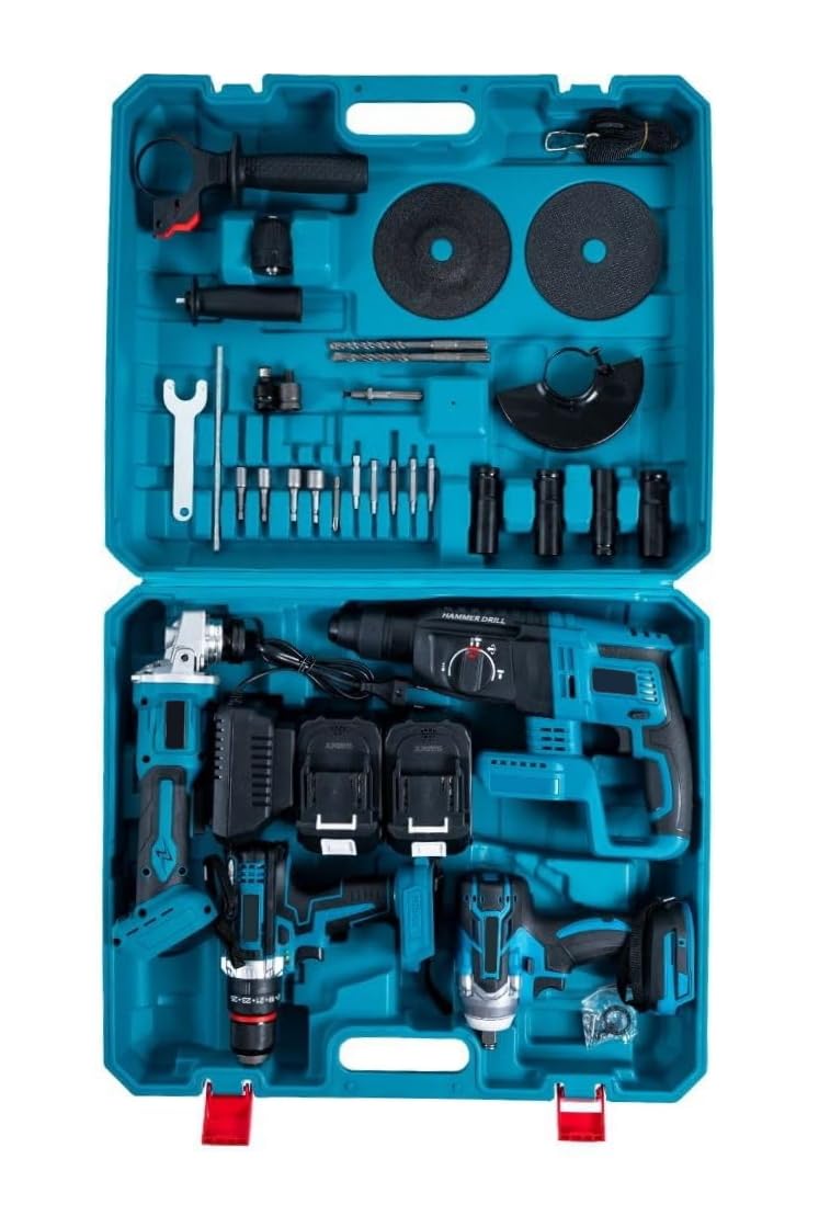 GrecoShop Kit Utensili a Batteria 4 in 1: Trapano Avvitatore a Percussione, Smerigliatrice Flex Angolare, Martello Tassellatore SDS-PLUS, Avvitatore Svita Bulloni Svitabulloni Impulsi + 2 Batterie