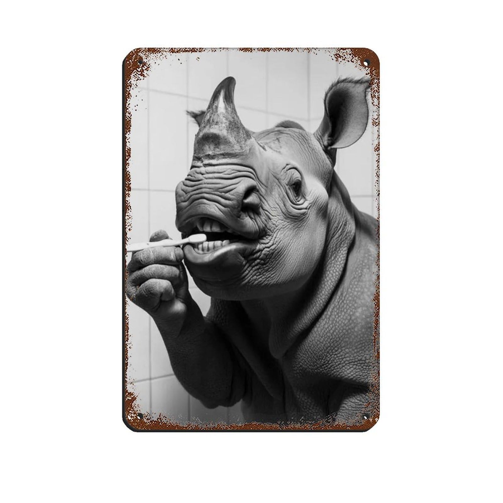 Rhino Brushing Teeth, Funny Bathroom Art Retro Poster Metal Tin Sign Chic Art Retro Iron Painting Bar People Cave Cafe Family Garage Poster Wall Decoration 8x12inch(20x30cm)