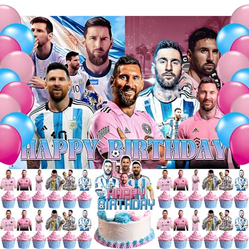 Messi Soccer Birthday Party Decorations Football Star Banner Cake Topper Ballons Sports Theme Party Decorations for Boys Indoor Outdoor Birthday Party Supplies Backdrop 5*3FT)