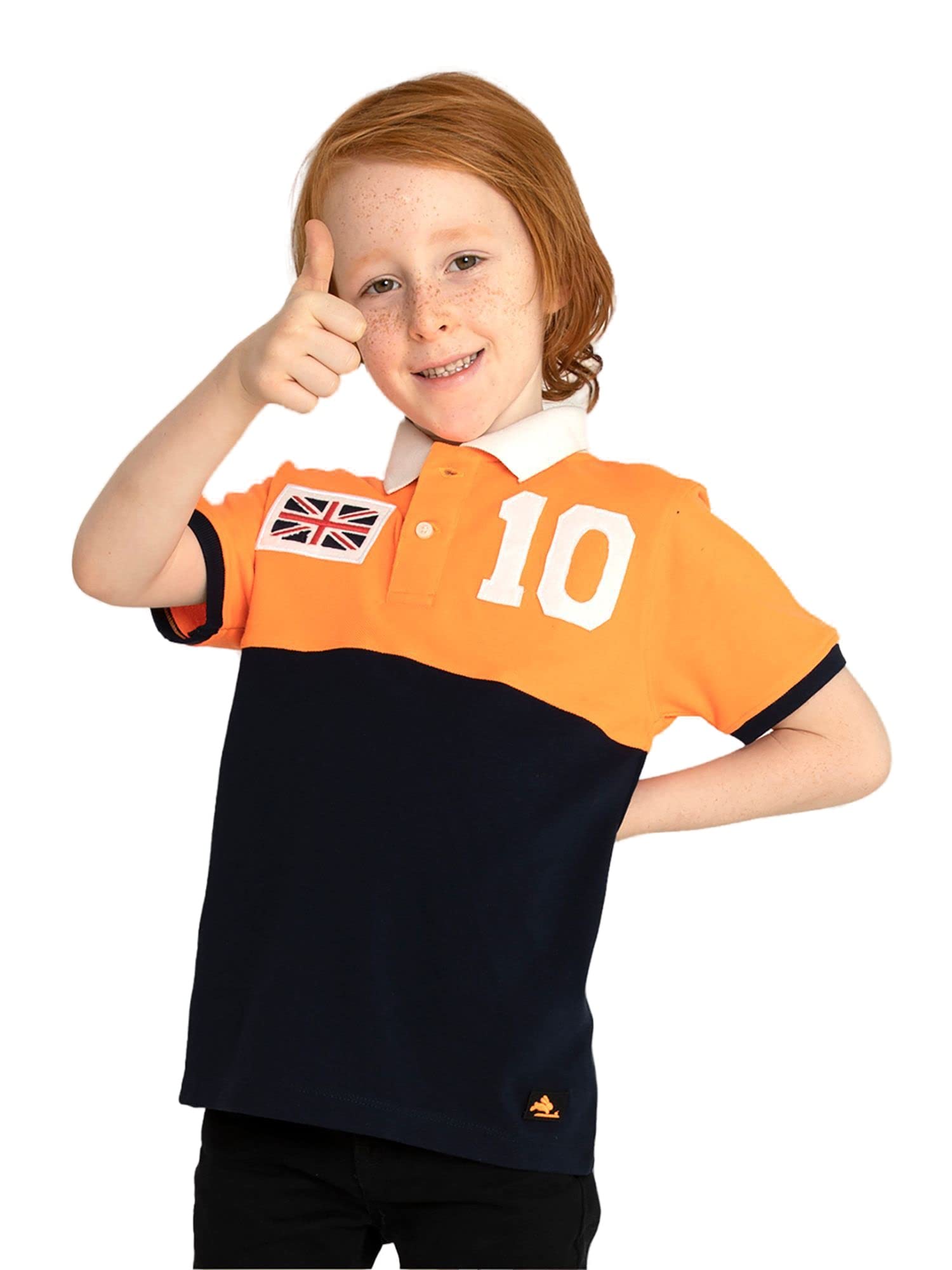 CHERRY CRUMBLE Orange Navy Blue Colourblocked Applique Typography Soft Pique Polycotton Half Sleeves Boys Casual Union Jack Polo Summer Tshirt (7L-POLO-3545)