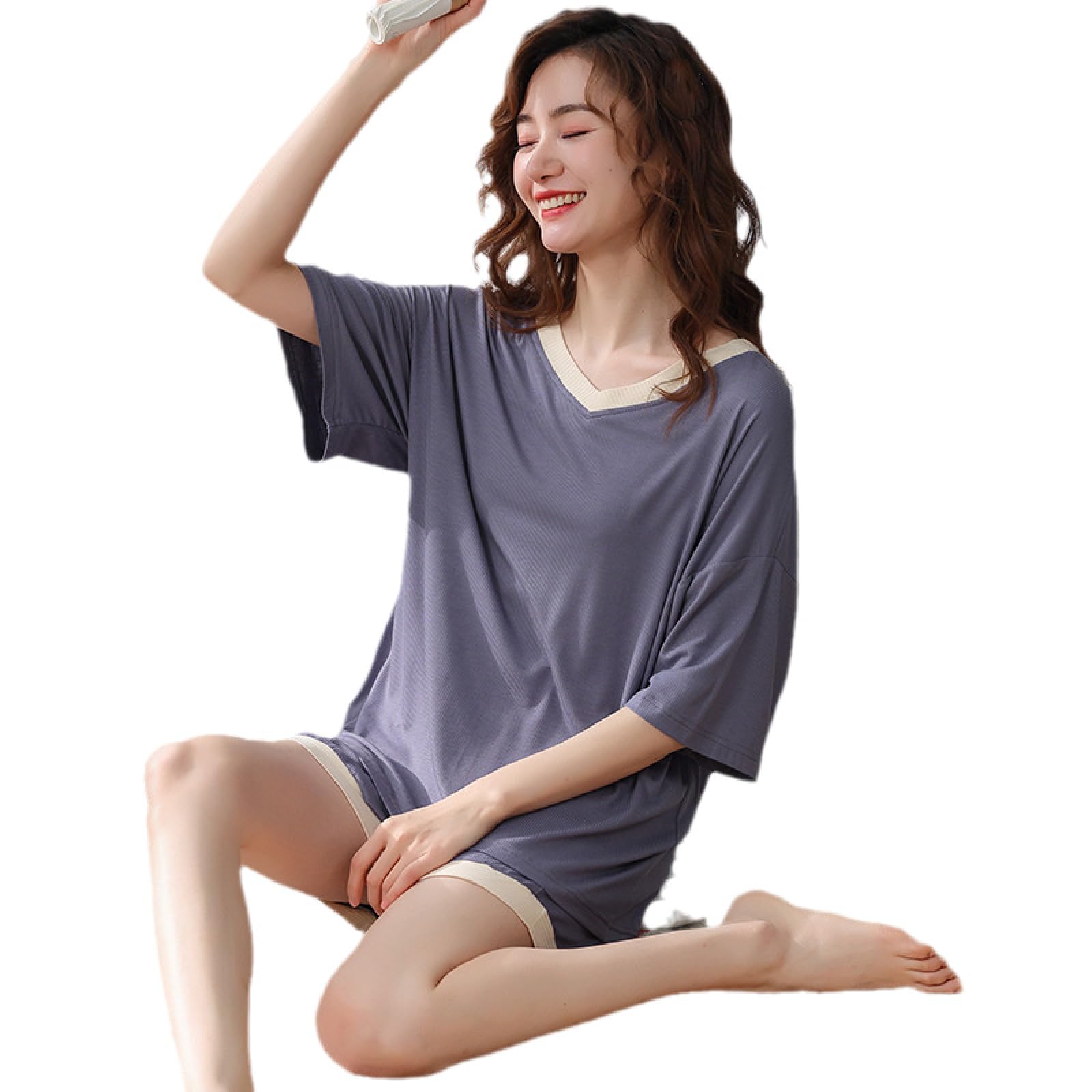 OLEETS Pyjama Set Für Damen - M-3Xl Nachtwäsche 2 Stück Set Frauen Kurzarm Nachthemd V-Ausschnitt Einfarbig Sommer Loungewear Casual Lose Einfache Hause Kleidung
