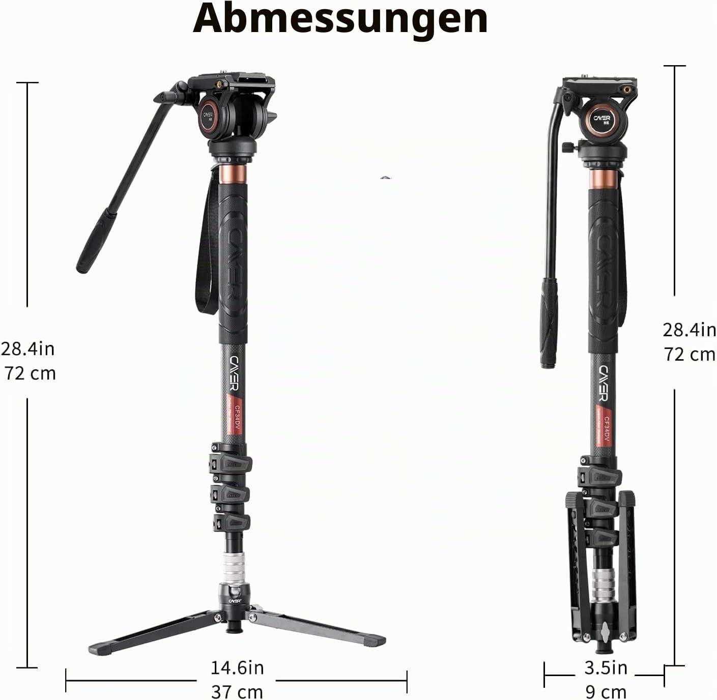 Cayer CF34DV Professionelles Video-Einbeinstativ 71 "Carbonfaser-Einbeinstativ mit Schwenk-Neige-Fluidkopf und 3-Bein-Stativfuß für DSLR-Videokameras-Camcorder sowie 1 zusätzliche Gleitplatte
