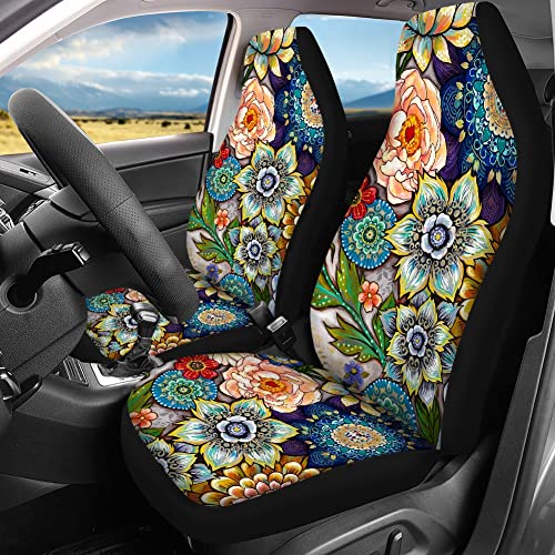 Toaddmos Boho Vintage Flower Print Car Seat Cover For Front Back Seat Cushion Protectors, Full Set 4Pcs Auto Accessories Bucket Seat Covers Women Girls #TOP3