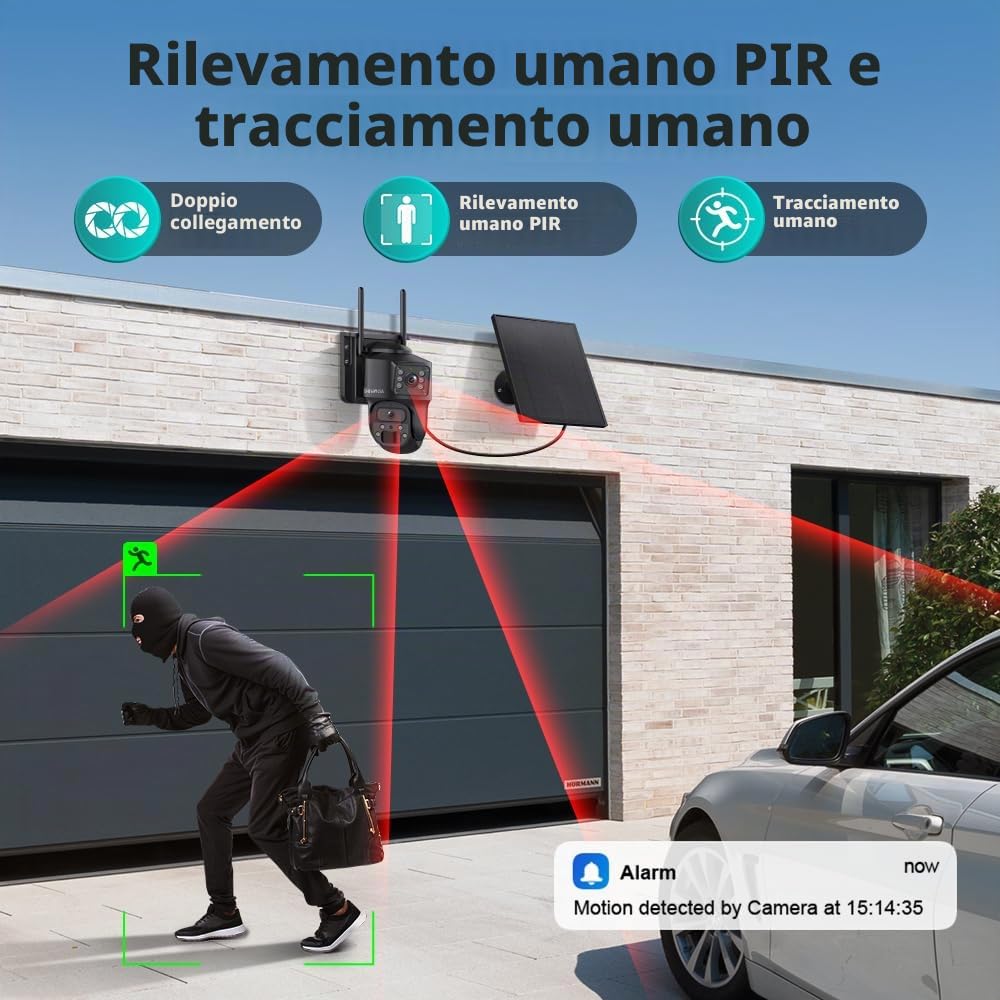 SHIWOJIA 24/7 Registrazione AOV Telecamera 4G da Esterno, Doppio Obiettivo, Allarmi PIR, Auto Tracking, Audio Bidirezionale, Tracciamento Automatico, IP66