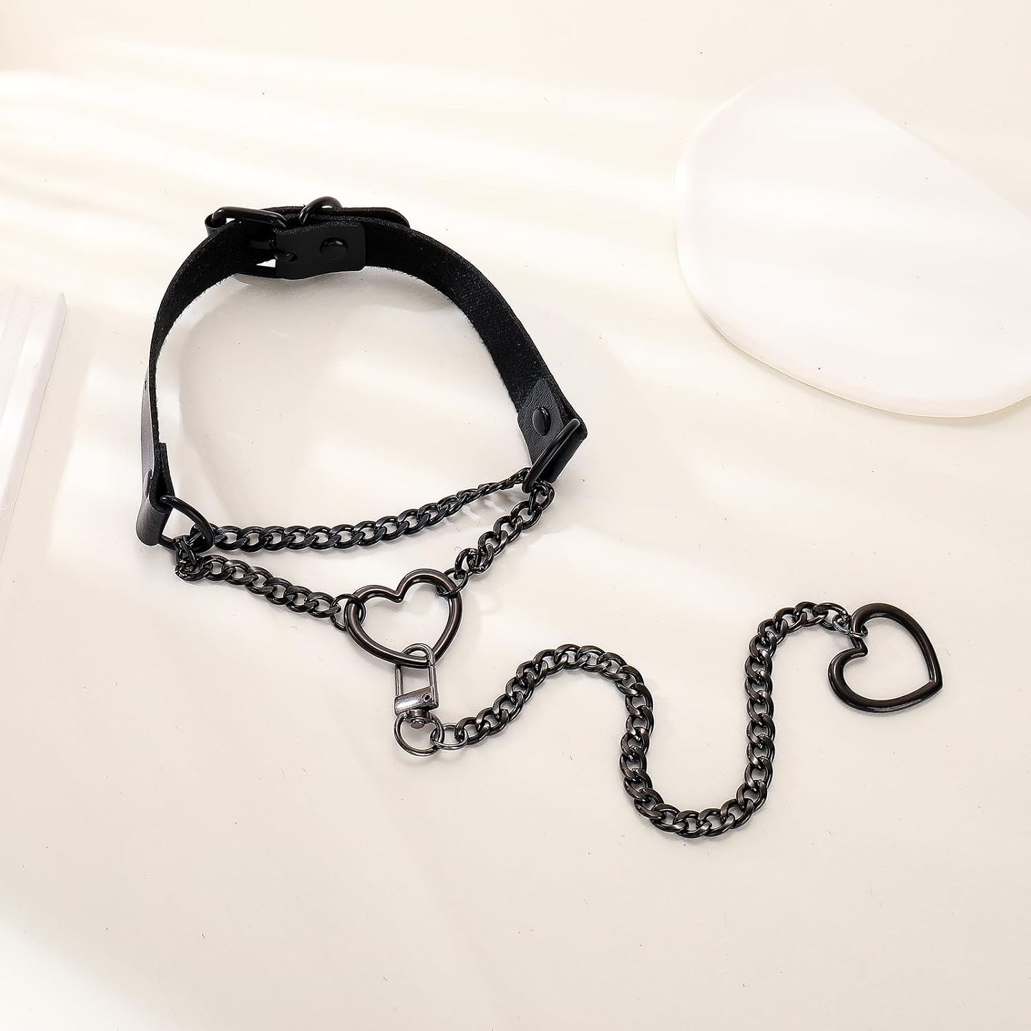 Heart O-ring Slip Chain Leather Choker Necklace for Women Punk Gothic Black Leather Collar Choker Long Necklace with Adjustable Lariat Y Necklace for Women