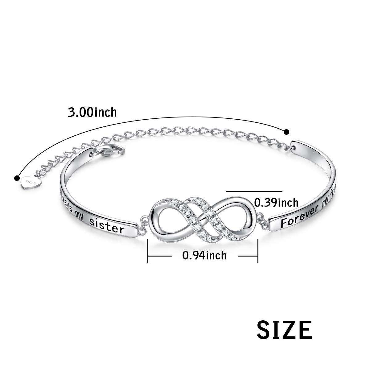 Braccialetto in argento Sterling 925 con simbolo dell'infinito, con messaggio "Always My Sister, Forever My Friend", regolabile, per donne e ragazze