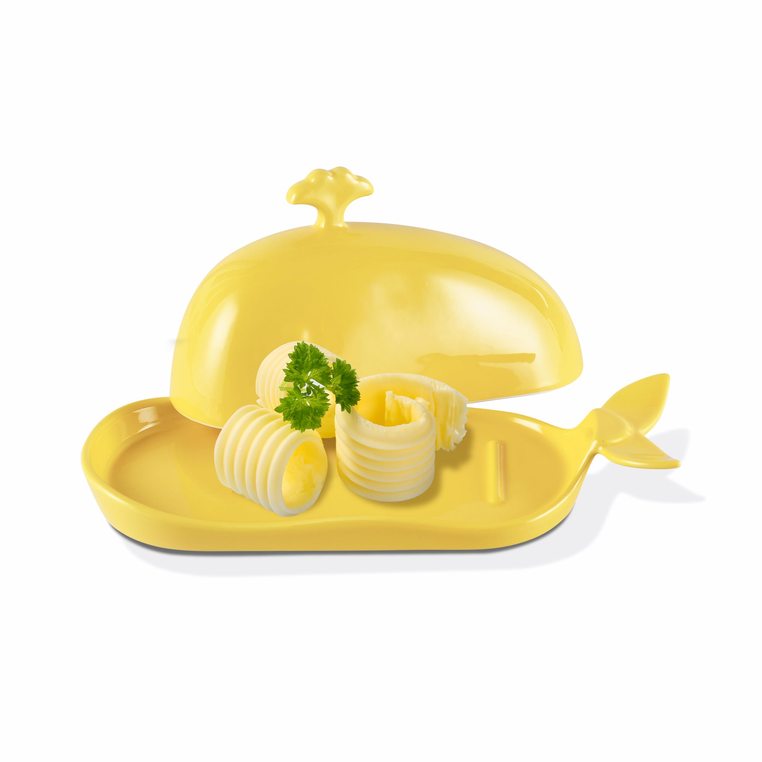 Mantequera de ballena con tapa, bonito plato de mantequilla de cerámica con asa para encimera, divertido soporte de mantequilla para decoración de cocina, regalo ideal para inauguración de la casa