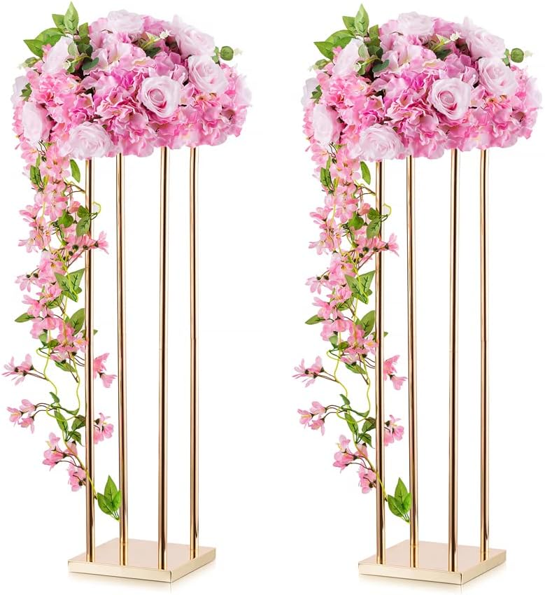 Wedding Centerpieces for Tables Vase Stand - 2 Pcs Gold Column Flower Stand, 31.5in Metal Tall Vases for Centerpieces, Geometric Flower Vase Rack for Wedding Decorations, Birthday, Event, Home Decor Gold 2 Pcs - Medium
