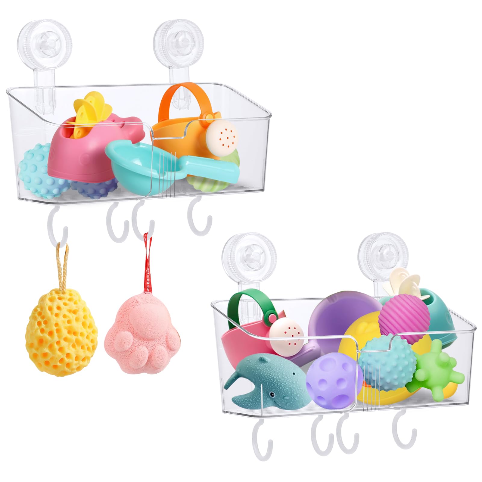 CIEOVO 2 Piece Large Bath Toy Storage Holder for Tub, Clear Bath Toy Organizer Bathtub Toy Holder with Suction Cup Hooks for Easy Access and Sorting Bathroom Toys Toiletries