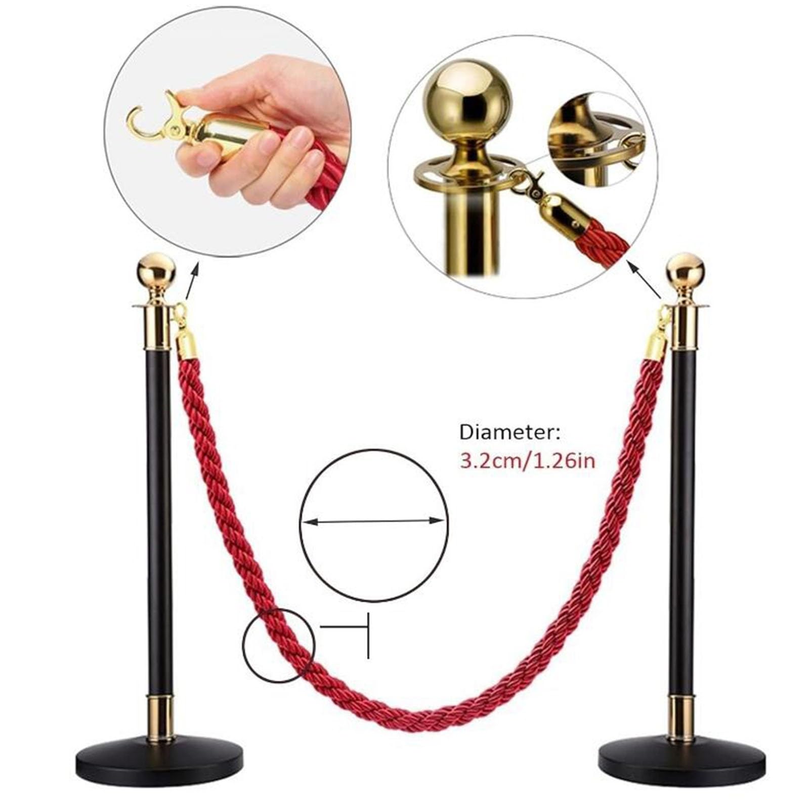 Cuerda de Barrera Paquete de 2 Cuerda de Barrera de Nailon Blanco con Clips chapados en Oro, Cuerdas de puntal retorcidas for Restaurantes/Hotel(150cm/4.9ft)