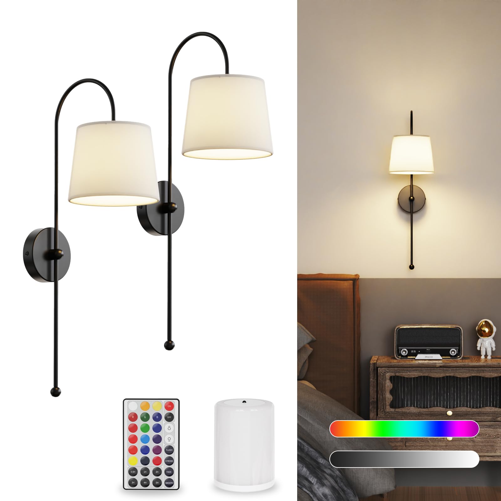 Wall Decor Sconces Set of Two Battery Operated, Rechargeable Wireless Wall Lights for Living Room Bedroom, 2 Battery Powered Wall Lamp with Magnetic Dimmable RGB Bulbs & Remote - gold 