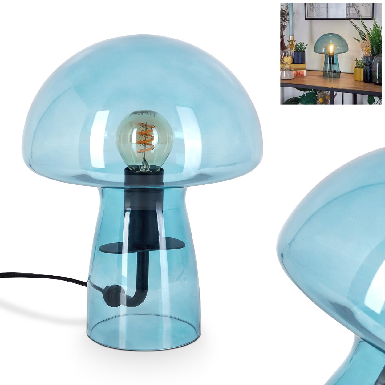 Tischleuchte Almagre - Retro Design Lampe Mit Glas Schirm Schwarz/Chrom