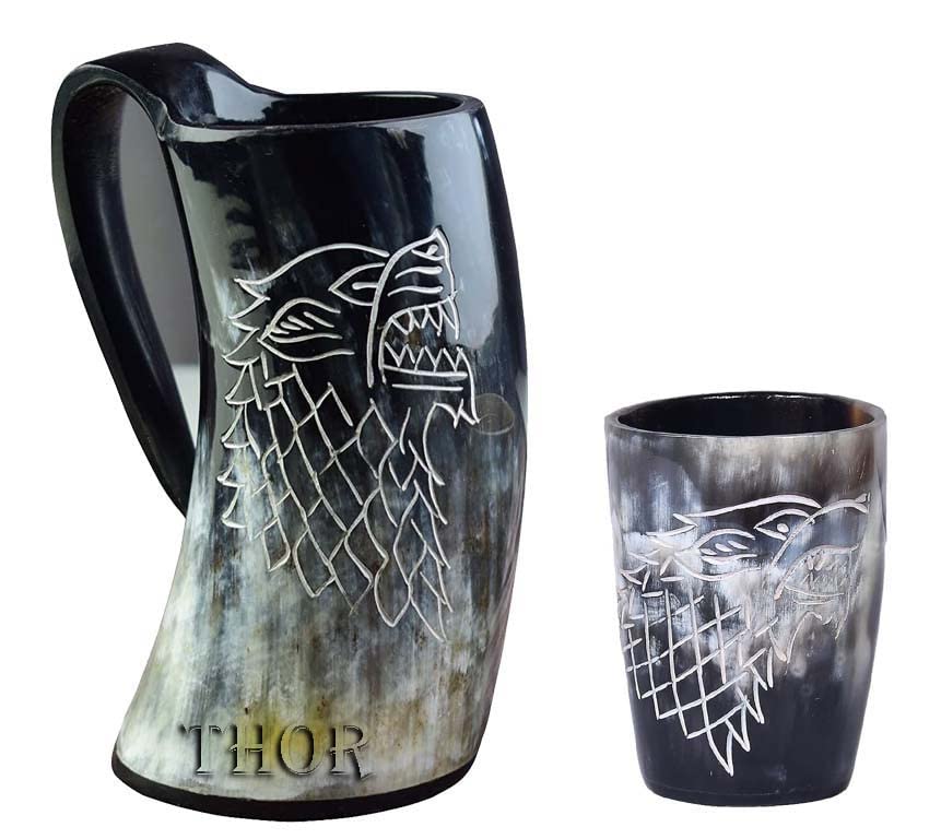 Viking Drinking Ox Horn Mug/Shot Glass/Authentic/Mead/and Beer Tankard | Vintage Stein with Handle | Wolf/Fenrir Design | Polished Finish | (2 Pc Set) Rustic Vintage Home Decor Gifts