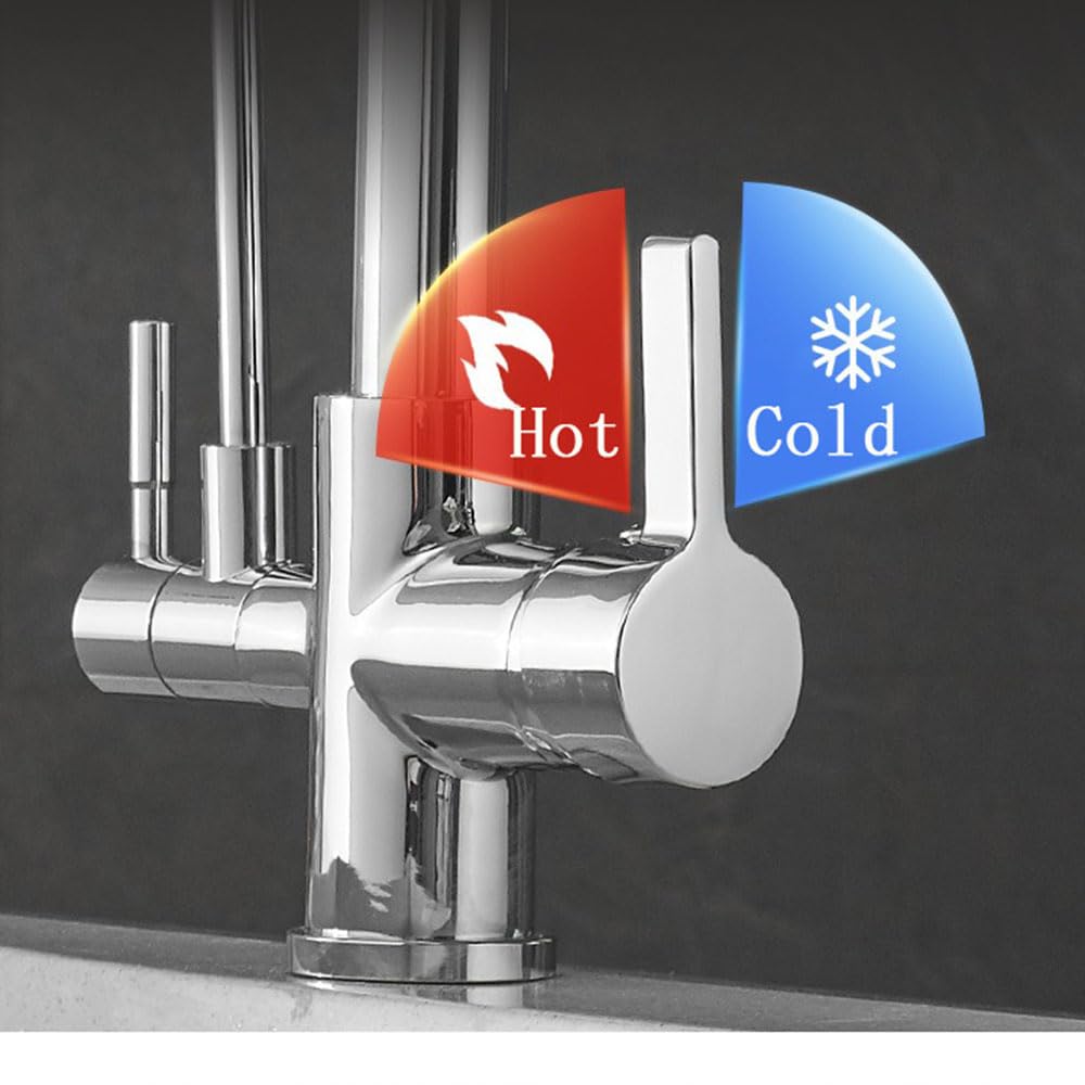Grifo de Cocina de 3 Vías con Filtro de Agua, Grifos de Cocina con Ducha Extraíble 2 Mangos, Grifo de Cocina de Latón, Grifos Mezcladores Kchen Giratorios de 1 Orificio, Cromo