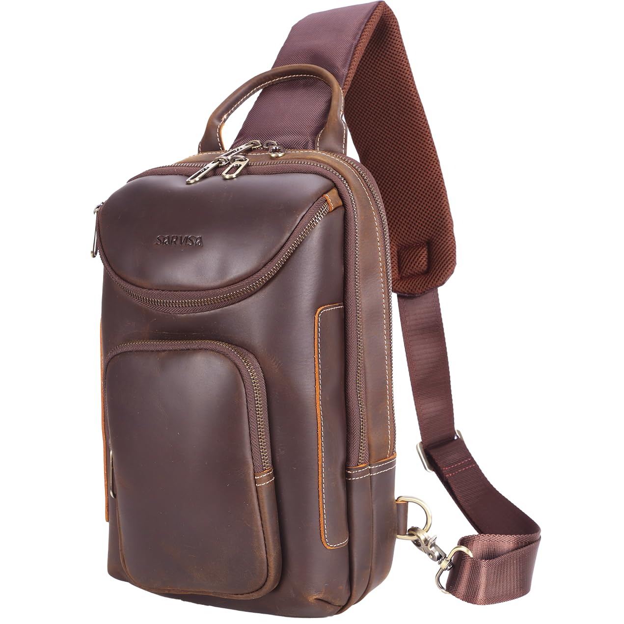 STAR VISTA Triton Vintage Full Grain Leather Sling Bag, Crossbody Chest Daypack, Multi Pockets Backpack, Casual Outdoor Hiking Rucksack, YKK Zippers