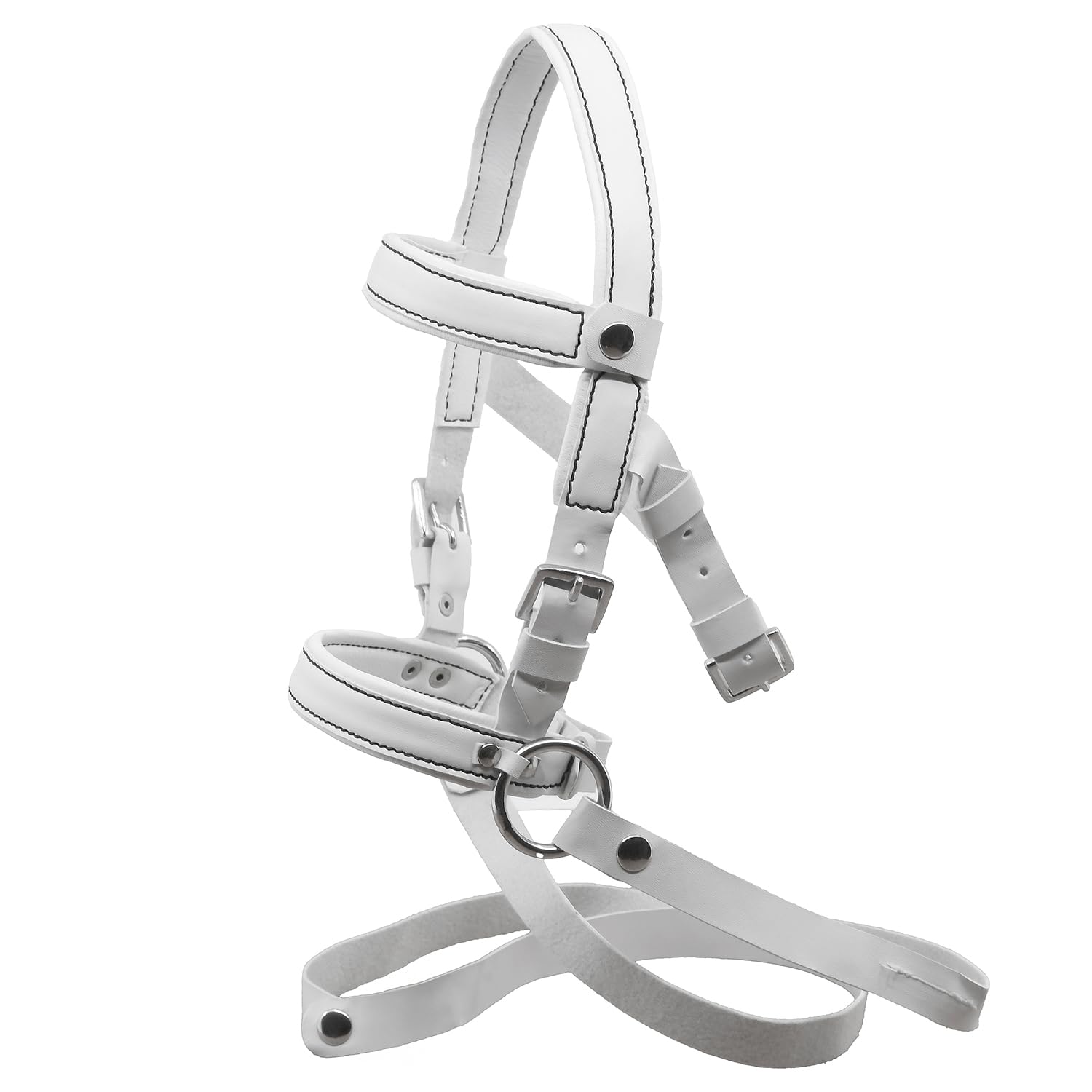 Hobby Horse Filet bridon éthologique Blanc pour Hobby Horse Taille A3 et A4. Réglable par Boucle. Cuir synthétique surpiqué de Coutures Noires