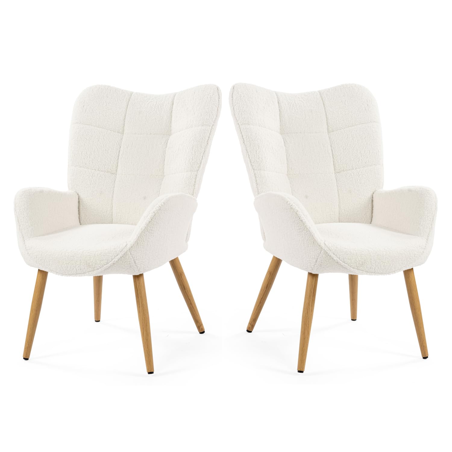MEUBLE Cosy Juego de 2 Sillón Nórdica Butaca de Salón para Dormitorio Silla Escandinavo con Respaldo y Reposabrazos Patas de Metal en Tela de Bucle Blanco