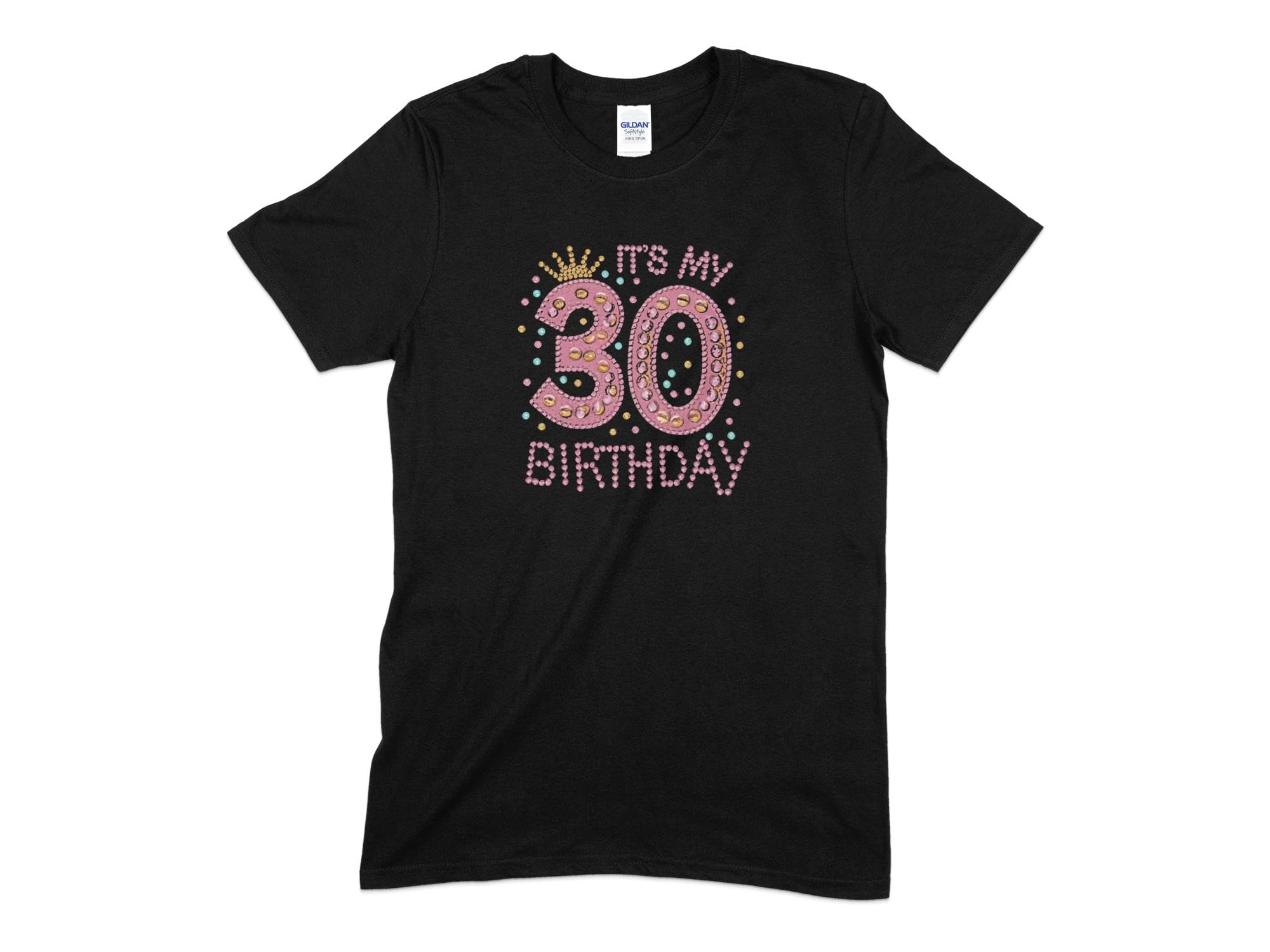 30th Birthday Celebration Shirt, Pink Glitter Rhinestone Crown Design, Unisex Birthday Party Tee (Small, Black)