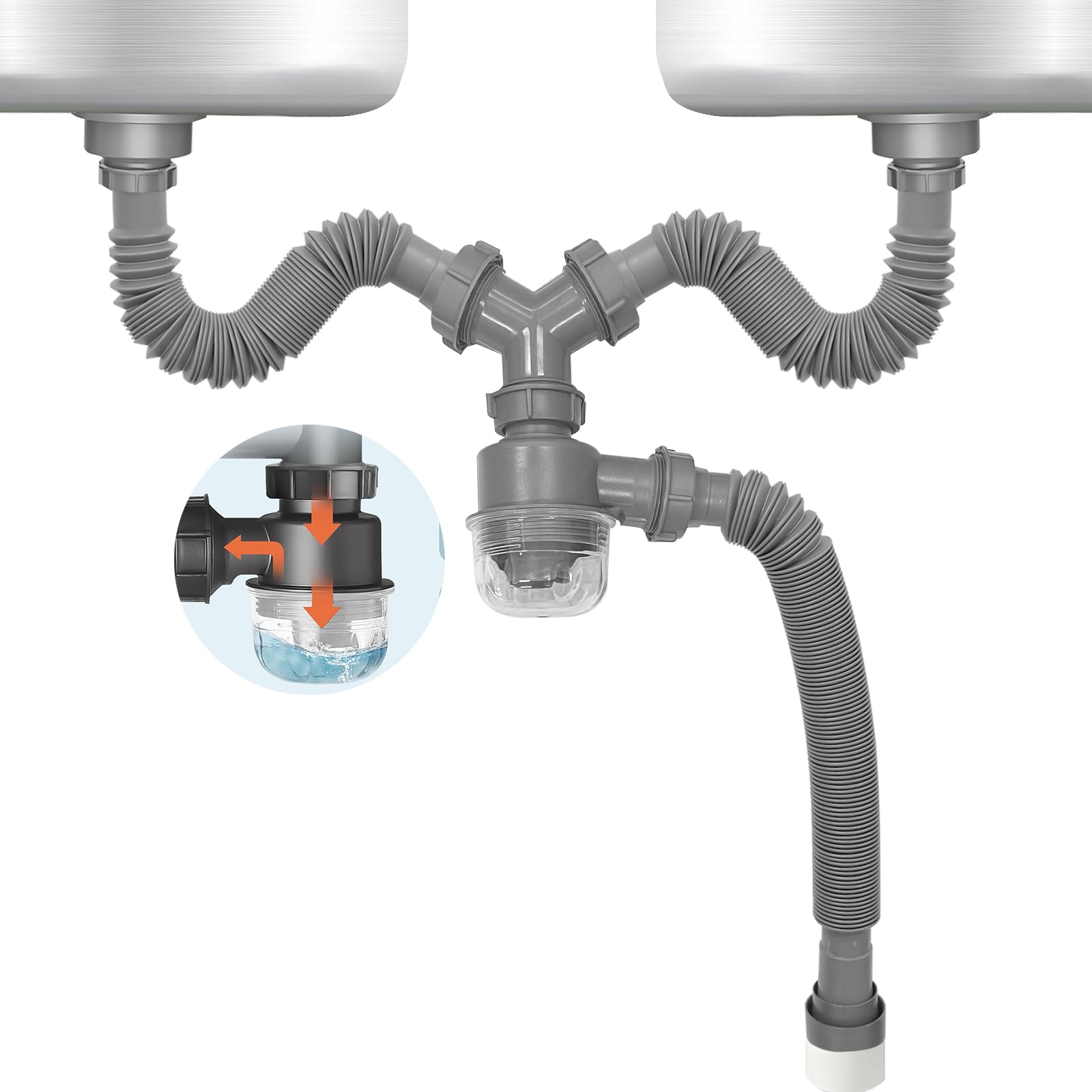 QruiLanTu Double Sink Waste Kit Expandable Flexible 1 1/2 Inch P-Trap with Visible Removable Easy-Clean Water Seal Anti-Odor Cup for Bathroom, Kitchen Sink Waste Pipe Kit