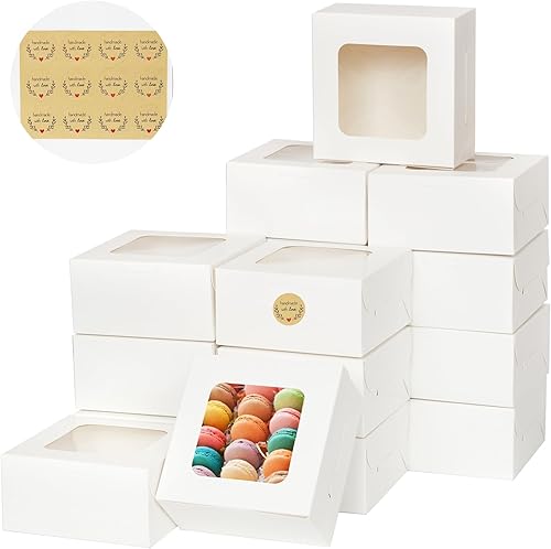 50 paquetes de cajas blancas de galletas de 4 x 4 x 2.5 pulgadas, cajas de panadería con ventana, mini cajas para pasteles, cajas de cupcakes para