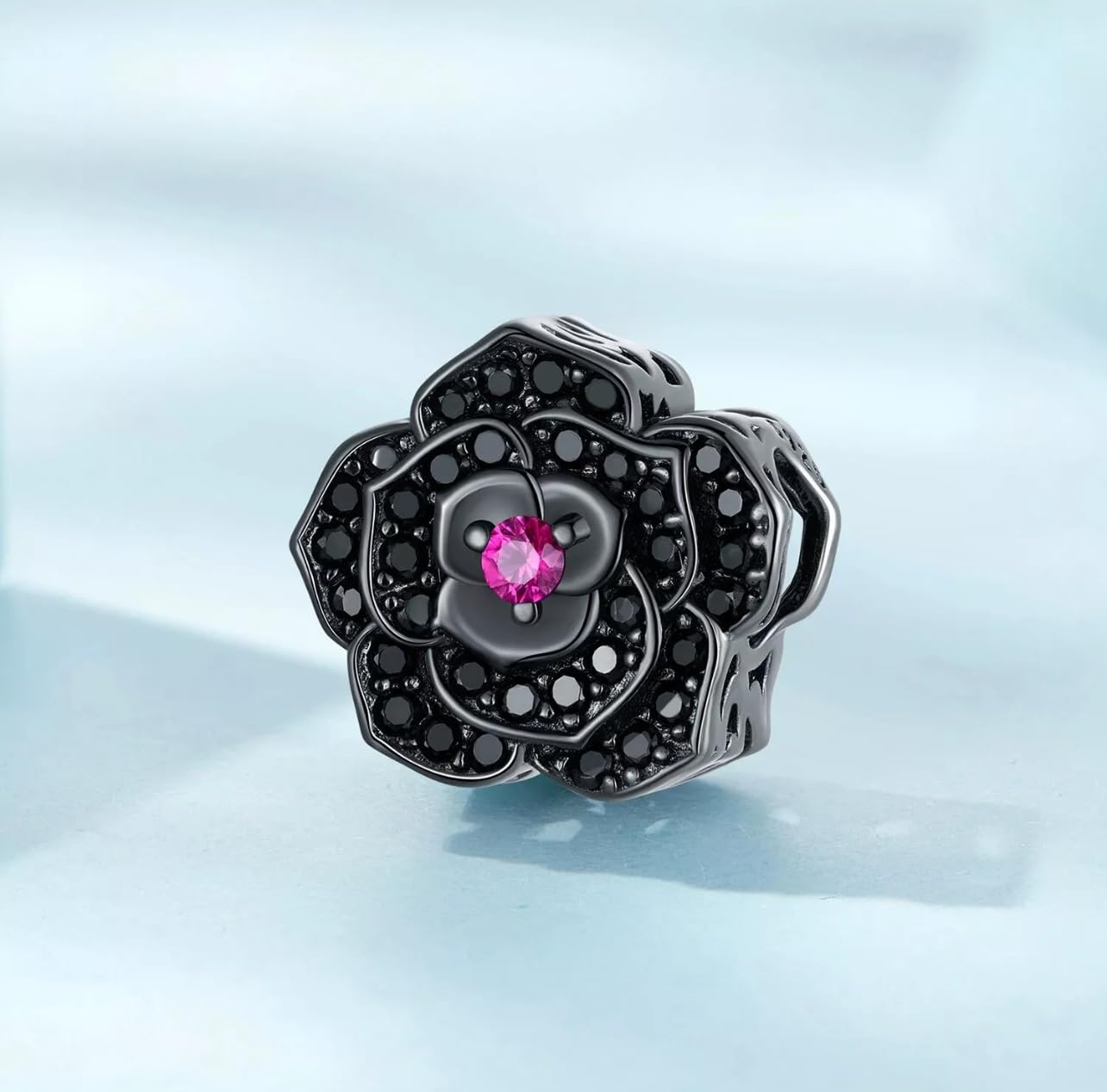 FLXHHX Abalorio de Plata de Ley 925 auténtica con diseño de Flor de Rosa Negra Brillante, Compatible con Pulsera