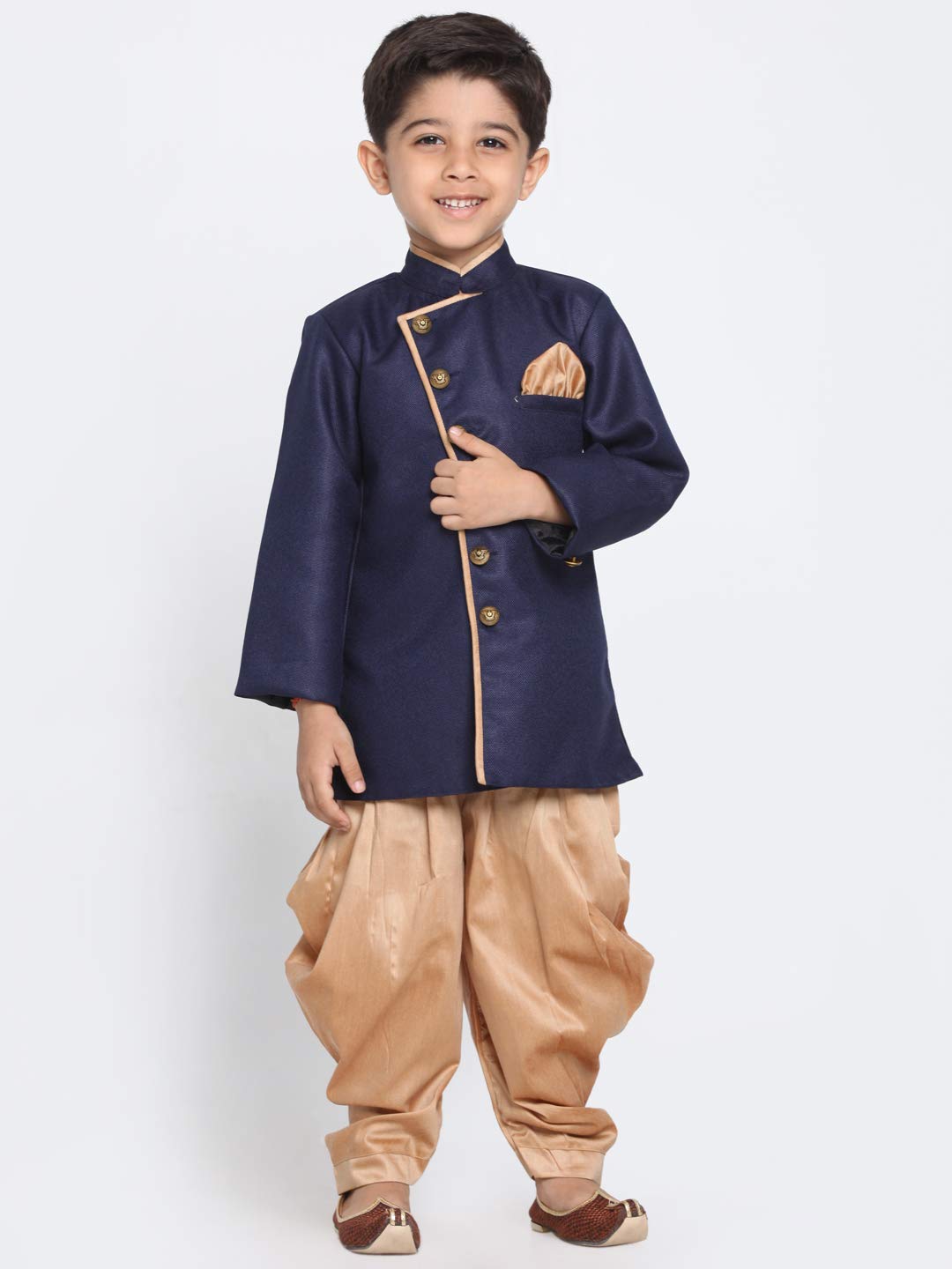 Jbn Creation Boys' Navy Blue And Rose Gold Cotton Blend Sherwani And Dhoti Pant Set_Jbnbciw124Nbncdrg_14