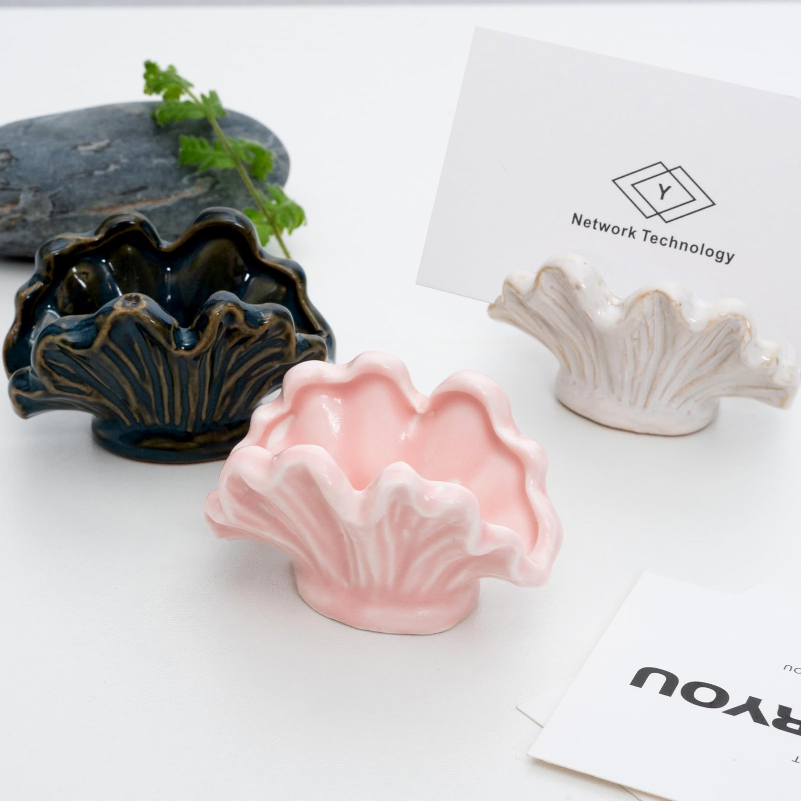 wowhalolo Ceramic Shell Business Card Holder Set of 3 - Pink, White, Blue - Boho Vertical Desk Organizer and Business Card Display for Office,Wedding,