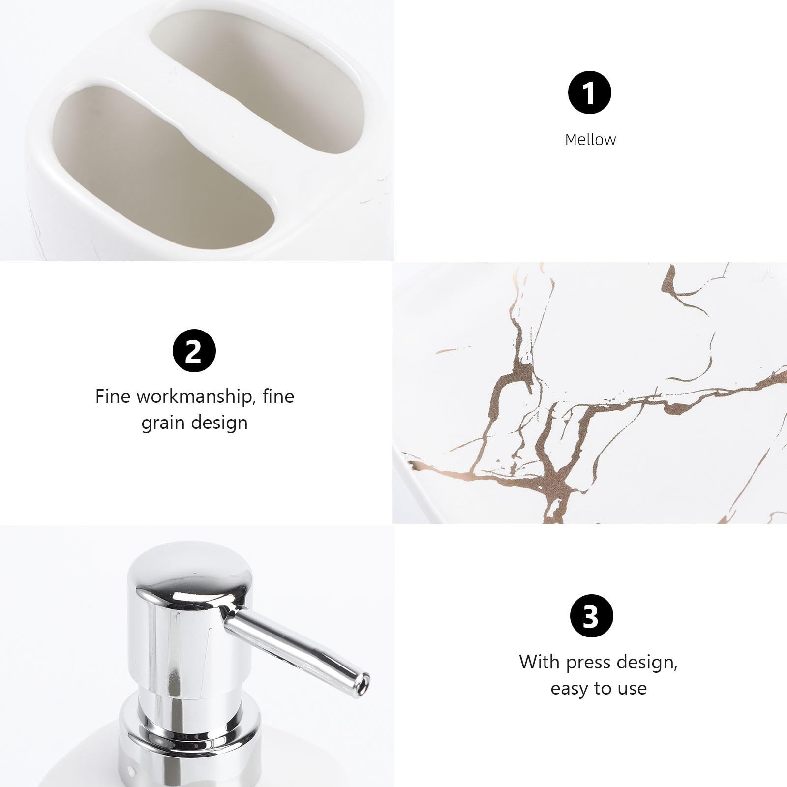 Housoutil Set Accessori Bagno in Ceramica Bianca 4 Pezzi Porta Saponi, Bottiglia Lozione 350ml e Bicchiere per Risciacquo 350ml per Uso Domestico, Superficie Liscia e Design Elegante