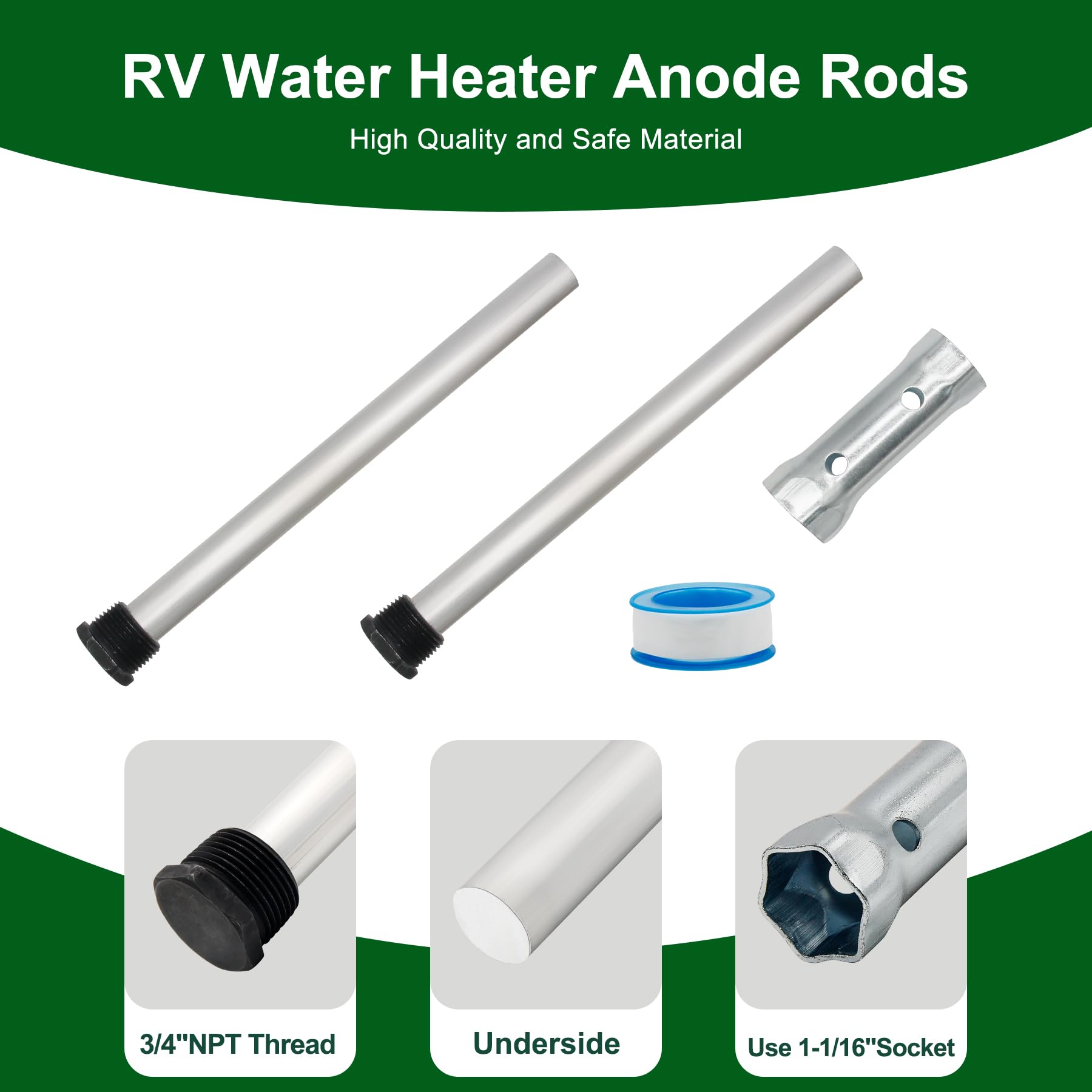 Varilla de ánodo para calentador de agua para caravana, paquete de 2 unidades para tanque de agua caliente, varilla de ánodo de aluminio para Suburban y Morflo – 9.25 pulgadas de largo y 3/4 pulgadas