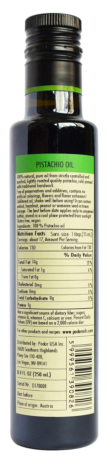 PÖDÖR Premium Pistachio Oil - 8.4 fl. Oz. - Cold-Pressed, 100% Natural, Unrefined and Unfiltered, Vegan, Gluten-Free, Non-GMO in Glass Bottle