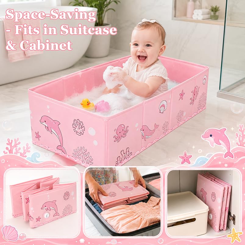 AirSwim Collapsible Baby Bathtub, Foldable Bathtub with a Drain Plug for 6M-4Y Infant Toddler, Space Saving Portable Baby Bath Tub for Travel, Quick Drain and Easy to Clean, No Assembly Required, Pink