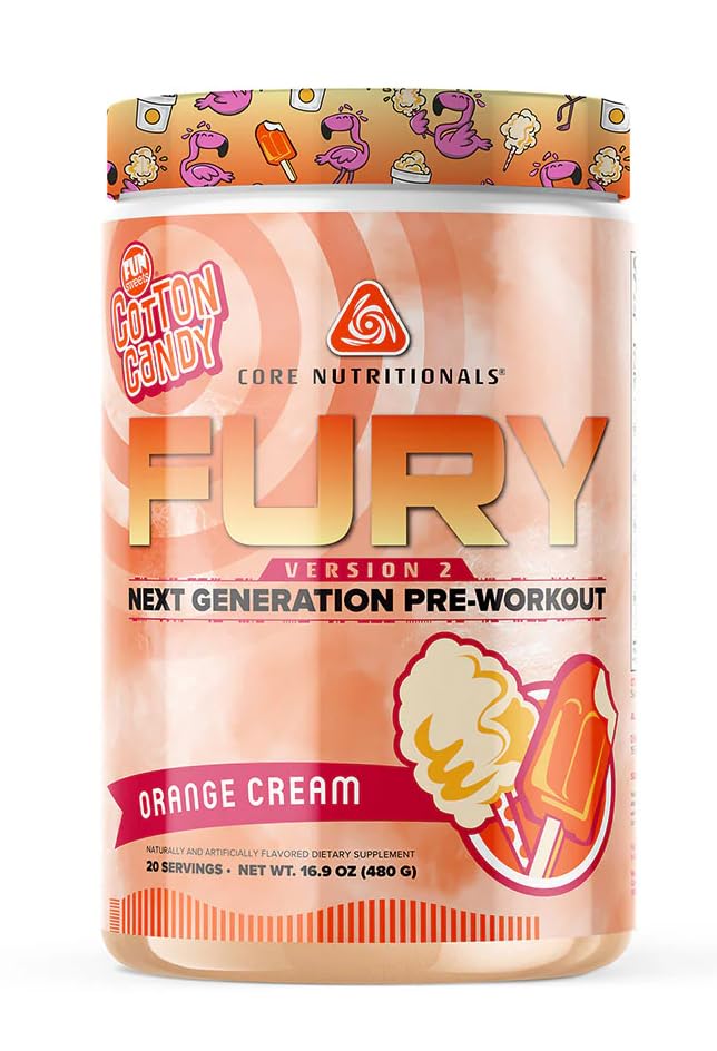 Image of Core Nutritionals Fury V2: Pre-Workout Powder to Maximize Performance in The Gym W /Zum-XR Caffeine, L-CItruline, and Alpha GPC (40 Scoops) (Fun Sweets Orange Cream)