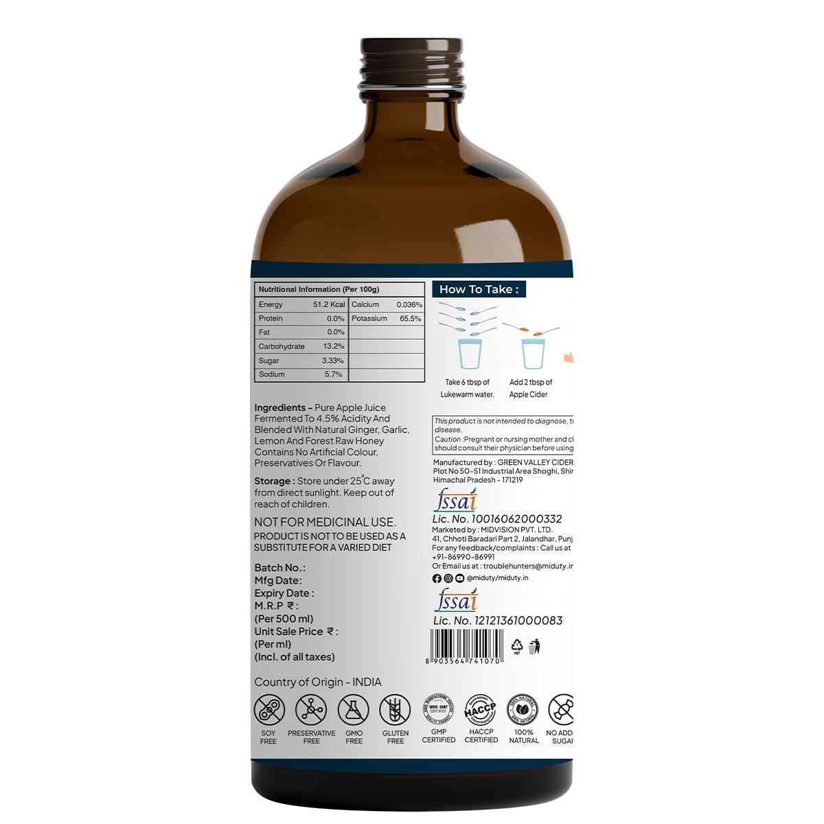 Miduty Raw & Unfiltered Apple Cider Vinegar - Stevia Sweetened - Fenugreek - Cinnamon - Made with Mother Bacteria from Himalayan Apples - Perfect Weight Loss Solution - 500 ml - Image 2 thumbnail