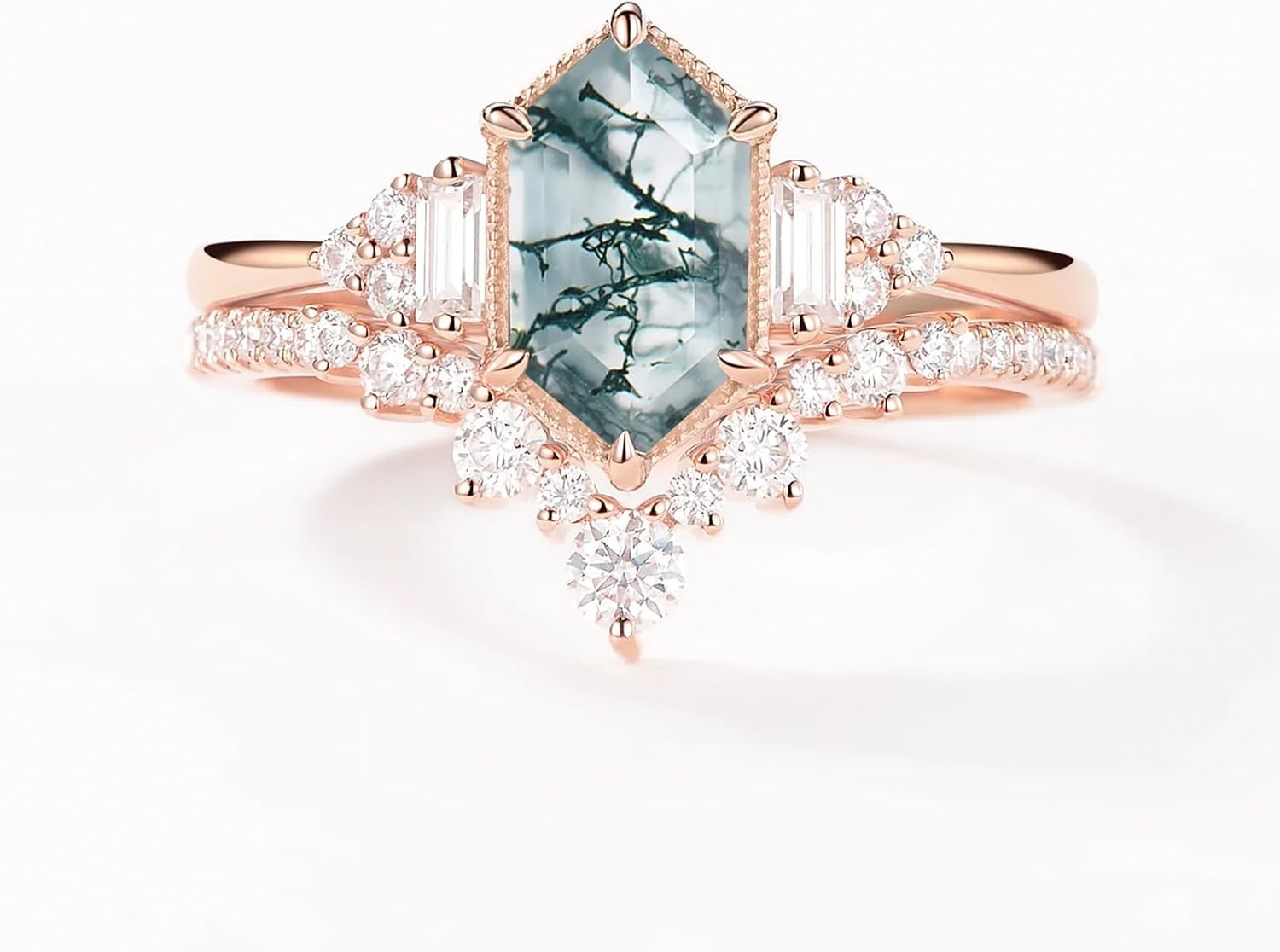 Natural Moss Agate Wedding Ring Set for Women Vintage Bridal Ring Set with 1CT Hexagon Moss Agate Ring Set for Women 925 Sterling Silver 10K 14K 18K Gold