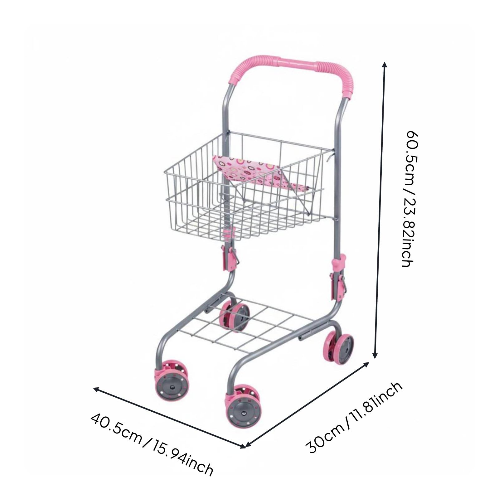 Spielzeug-Einkaufswagen aus Metall realistisches Design Mini-Supermarktwagen einfache Montage Puppen-Einkaufswagen mit Sitz für Kinderzimmer
