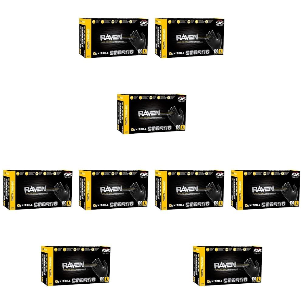 SAS Safety 66517 Raven Powder-Free Nitrile Disposable Glove, Medium, 6 mil Thick (Pack of 100) Pack of 3, Black